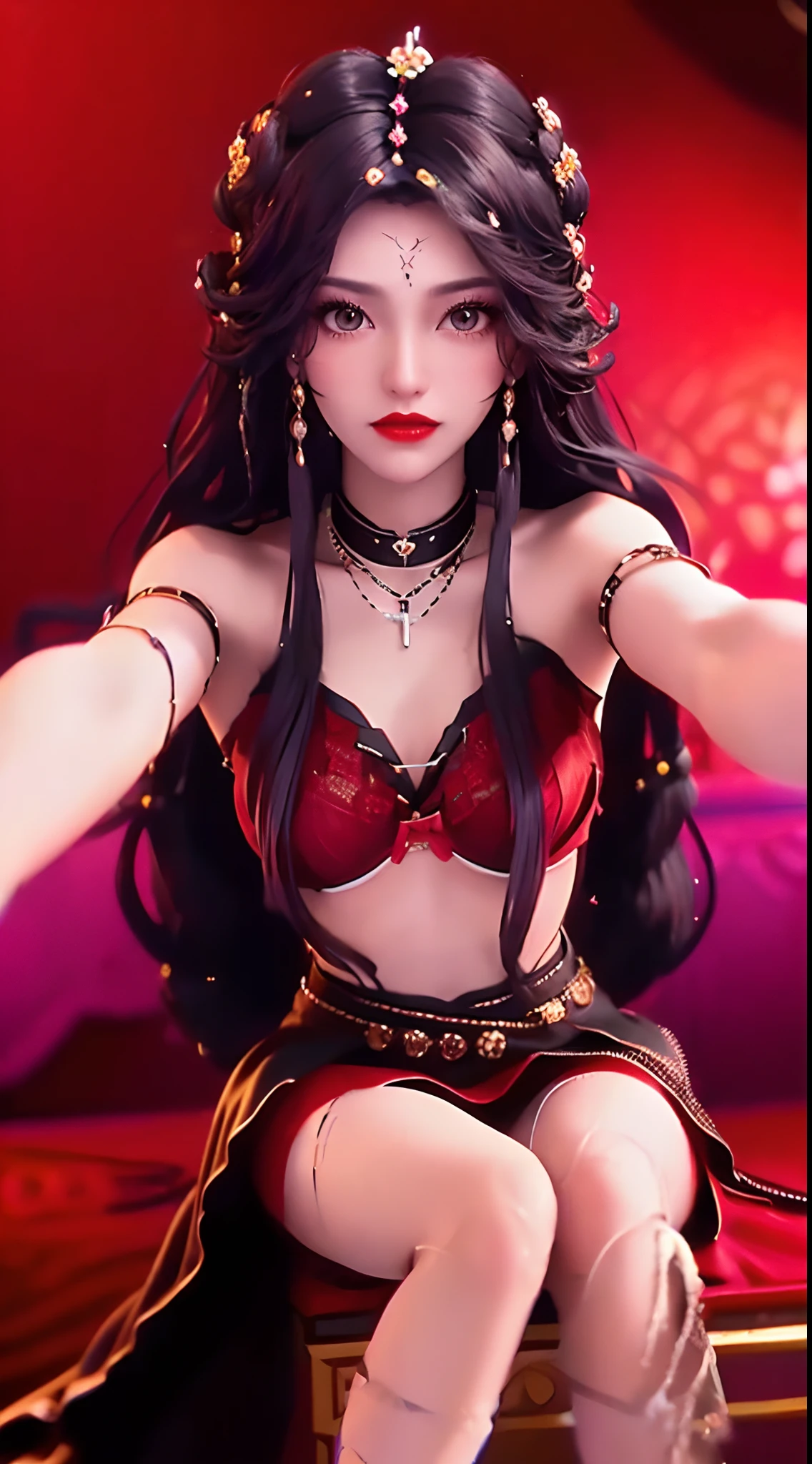 1 beautiful and sexy 20-year-old girl, adult, ((wearing a red push-up bra with black trim and low-cut chest:1.6)), dress with diamonds, ((long purple-black hair:1.6)) , bangs, elaborate jewelry made from gems and beautiful hair, ((wearing a black lace necklace:1.4))), noble style of an extremely beautiful girl, super cute small face, very pretty face, sparse eyebrows, flawless beautiful face, ((black eye pupils: 0.8)), ((very beautiful black eyes: 1.6)), beautiful makeup and detailed hairdo , eyelashes, wet eye makeup, high nose, earrings, red lips, ((closed mouth: 1.5 )) beautiful lips, slim hands, rosy face, clean face, flawless beautiful face, smooth white skin, (big and round breasts:1.6), beautiful breasts, perfect body, (((sitting position, leaning back and arms behind: 1.5))), ((chest out: 1.5)), don't be shy, 8k photo, super high quality, surreal, pixelated super 10x, optical, bright studio, bright edges, two-tone lighting, (high detail skin:1.2), super 8k, soft light, high quality, volumetric lighting, optical, resolution high optical resolution, lighting, best photo, 4k, 8k quality, blur effect, smooth sharpness, 10 x pixels, ((flower red background:1.5)), aurora, lightning, supermap realistic graphics, most realistic graphics, alone, solo, Extremely sharp, surreal images, (((frontal portrait: 1.4)))."