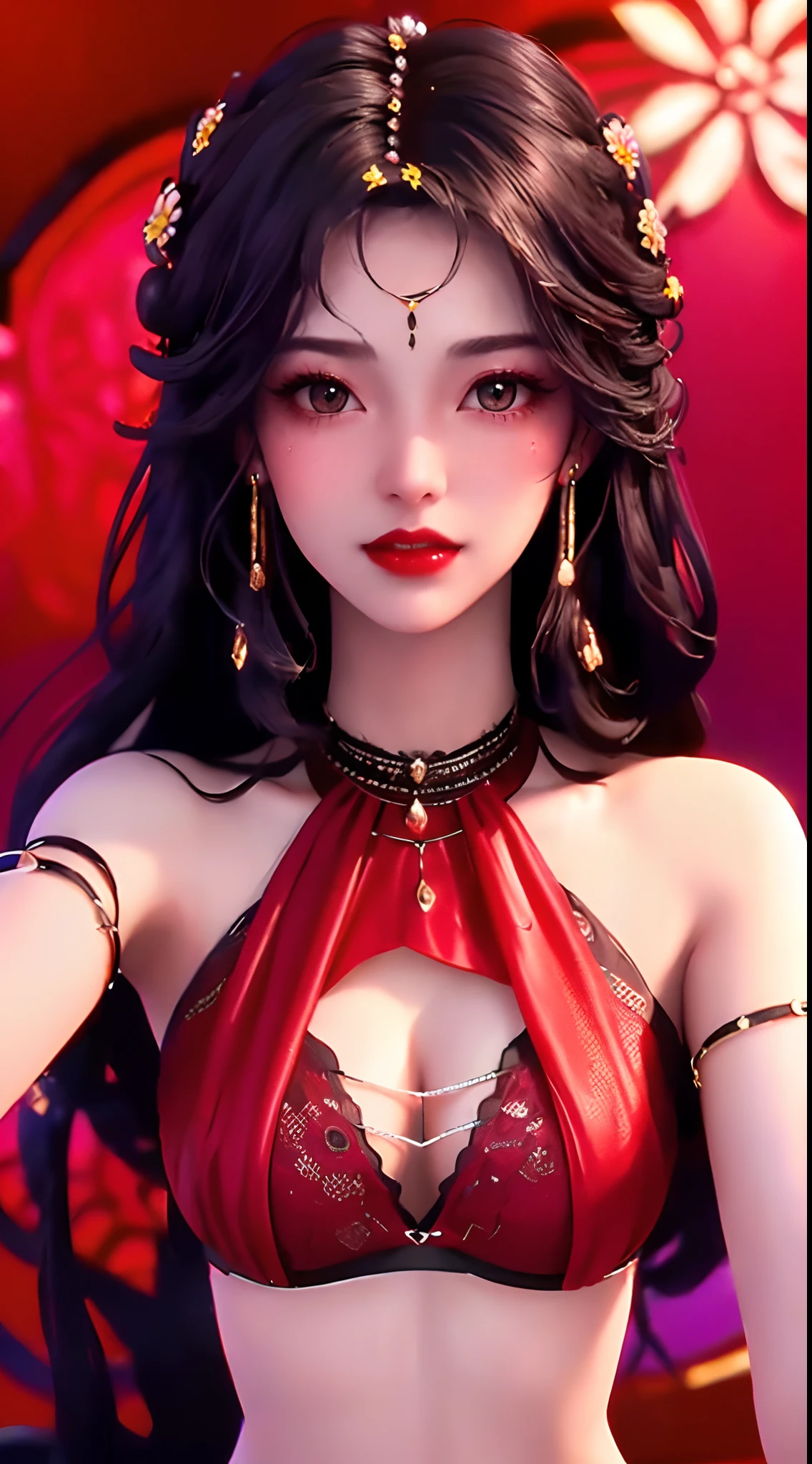 1 beautiful and sexy 20-year-old girl, adult, ((wearing a red push-up bra with black trim and low-cut chest:1.6)), dress with diamonds, ((long purple-black hair:1.6)) , bangs, elaborate jewelry made from gems and beautiful hair, ((wearing a black lace necklace:1.4))), noble style of an extremely beautiful girl, super cute small face, very pretty face, sparse eyebrows, flawless beautiful face, ((black eye pupils: 0.8)), ((very beautiful black eyes: 1.6)), beautiful makeup and detailed hairdo , eyelashes, wet eye makeup, high nose, earrings, red lips, ((closed mouth: 1.5 )) beautiful lips, slim hands, rosy face, clean face, flawless beautiful face, smooth white skin, (big and round breasts:1.6), beautiful breasts, perfect body, (((sitting position, leaning back and arms behind: 1.5))), ((chest out: 1.5)), don't be shy, 8k photo, super high quality, surreal, pixelated super 10x, optical, bright studio, bright edges, two-tone lighting, (high detail skin:1.2), super 8k, soft light, high quality, volumetric lighting, optical, resolution high optical resolution, lighting, best photo, 4k, 8k quality, blur effect, smooth sharpness, 10 x pixels, ((flower red background:1.5)), aurora, lightning, supermap realistic graphics, most realistic graphics, alone, solo, Extremely sharp, surreal images, (((frontal portrait: 1.4)))."