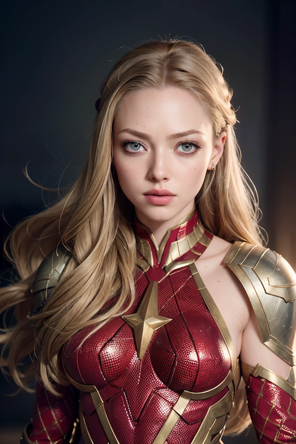 Amanda Seyfried as a superhero, wearing gold and red superhero armor, glowing lights, (dynamic pose), (hyper realistic:1.4), (realistic:1.3), (best quality real texture skin), full body, (Cinematic Light), highly detailed skin, skin pores, (highly detailed face:1.1), (highly detailed eyes:1.1), realistic pupils, (perfect anatomy:1.1), (perfect proportions:1.1), (photography:1.1), (photorealistic:1.1), volumetric lighting, dynamic lighting, real shadows, (highres:1.1), sharp focus, daylight, (realistic, hyperrealistic:1.4), intricate, high detail, dramatic, subsurface scattering, big depth of field, vivid, polished, sharpened, ((full Sharp)), (extremely absurdres),8k hdr