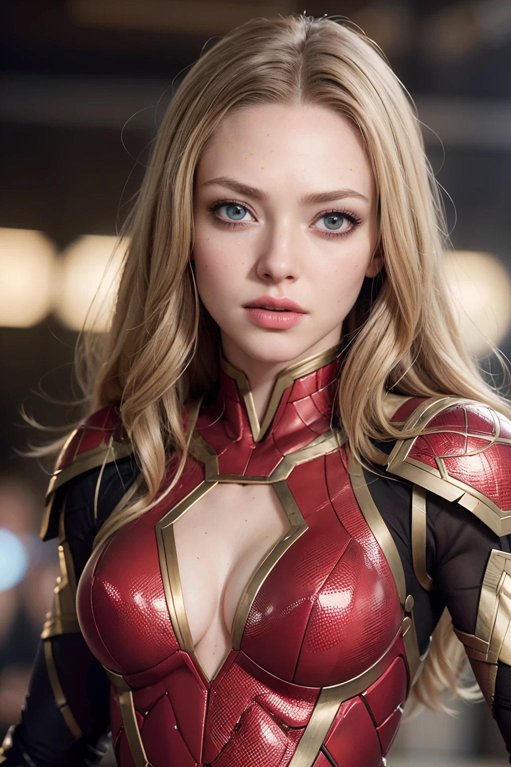 Amanda Seyfried as a superhero, wearing gold and red superhero armor, glowing lights, (dynamic pose), (hyper realistic:1.4), (realistic:1.3), (best quality real texture skin), full body, (Cinematic Light), highly detailed skin, skin pores, (highly detailed face:1.1), (highly detailed eyes:1.1), realistic pupils, (perfect anatomy:1.1), (perfect proportions:1.1), (photography:1.1), (photorealistic:1.1), volumetric lighting, dynamic lighting, real shadows, (highres:1.1), sharp focus, daylight, (realistic, hyperrealistic:1.4), intricate, high detail, dramatic, subsurface scattering, big depth of field, vivid, polished, sharpened, ((full Sharp)), (extremely absurdres),8k hdr