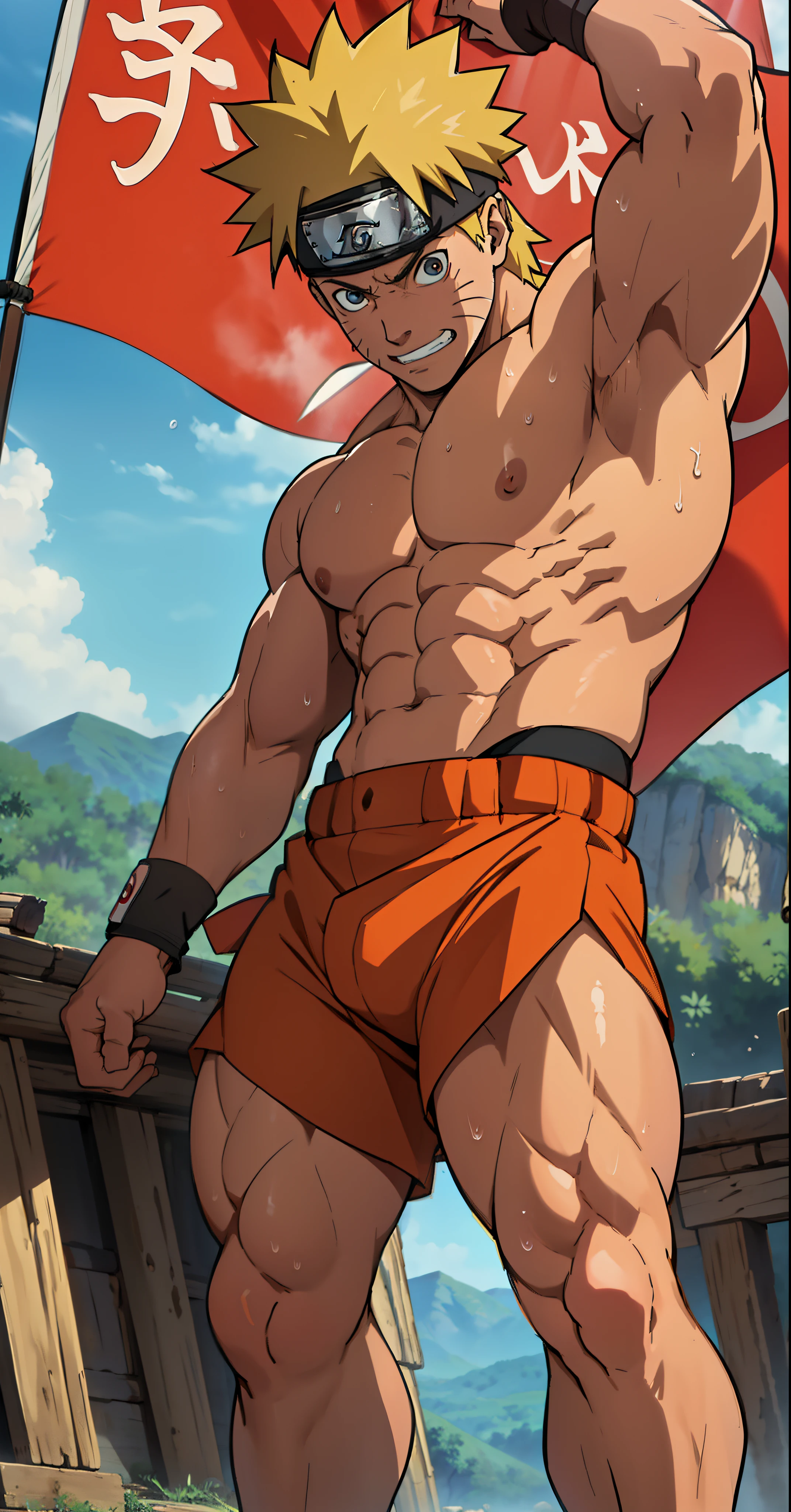 (Full body) (photo subject: Close-up of muscular thigh muscles ) (photo angle from bottom up)(Drawings of Naruto anime) (photo angle from the ground upwards) [Anime photo][highest quality photo][4k,HD photo quality ] wear tight and short loincloths   (muscular thigh muscles, firm thigh muscles, muscular thigh muscles, sinewy thigh muscles, giant thigh muscles, strong leg muscles, muscular hamstring leg muscles) ,Uzumaki Naruto fun, happy,bodybuilder,bodybuilding, standing, red skin,reddish brown skin, lots of sweat flowing down, topless, shirtless, hot sunny, (do not wear banners,do not wear headbands)