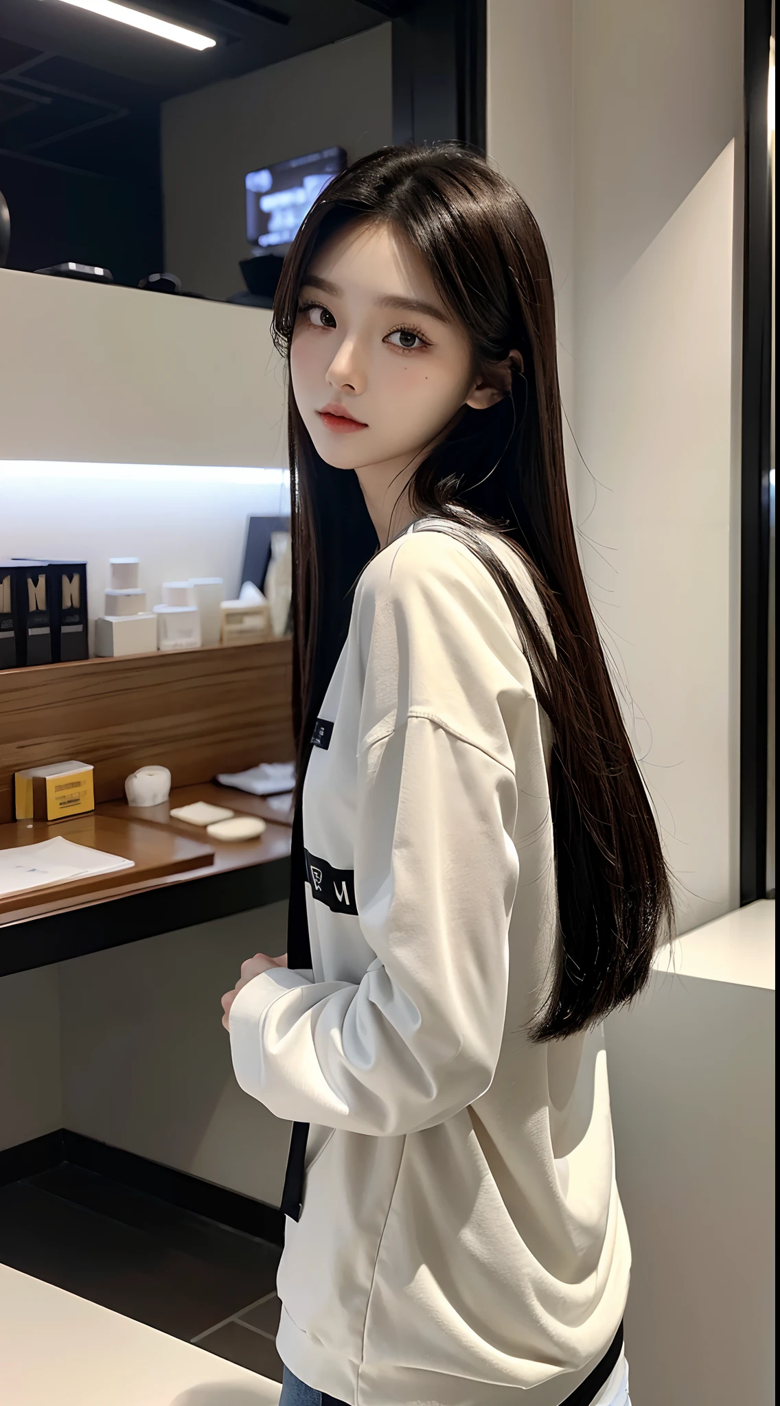 masterpiece、top-quality)、1 beutiful girl、Slim body、((Black and white plain clothes:1.1))、(Detailed beautiful eyes)、Walk around the store、((Boyish Brown Medium Hair))、((Smaller face))、((Neutral face))、((Face seen from the side))、((Light brown eyes))、((Korean Girl))、((18year old))、((cool lady))、((Wild look))、((Korean Makeup))、((elongated and sharp eyes))、((Happy dating))、((looking distantly))、((boyish))、((Shot from the same height as your face))、((Shorter than viewers))、((She is walking in front of the viewer))、((Happy to be spoiled by viewers))
