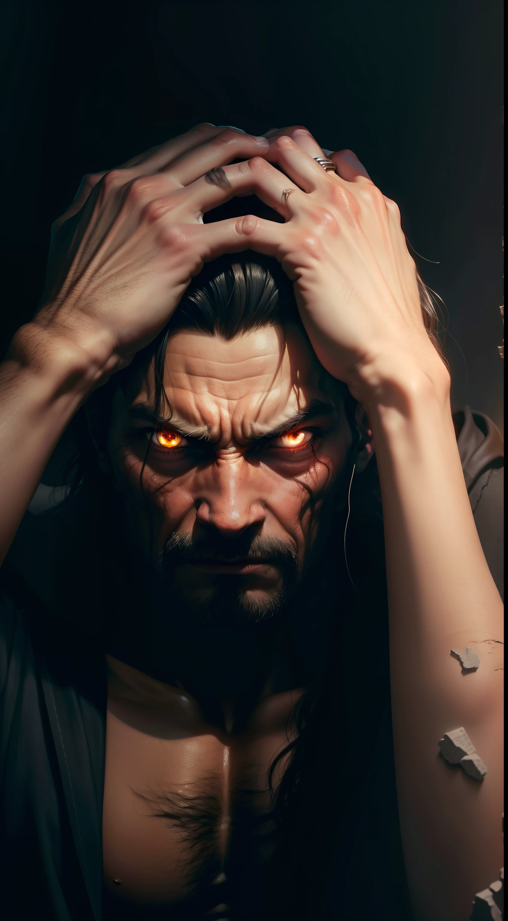Personajes: Edipo, tormenting thoughts.Description: Edipo in emotional turmoil.epoch: Ancient Greece.Lugar: A shadowy corner of his chamber.action: Clutching his head in distress.Background: Dimly lit room with unsettling shadows.Tipo de plano: Close-up of Edipo's tormented face.Estilo: Hyper-realistic, cinematic.