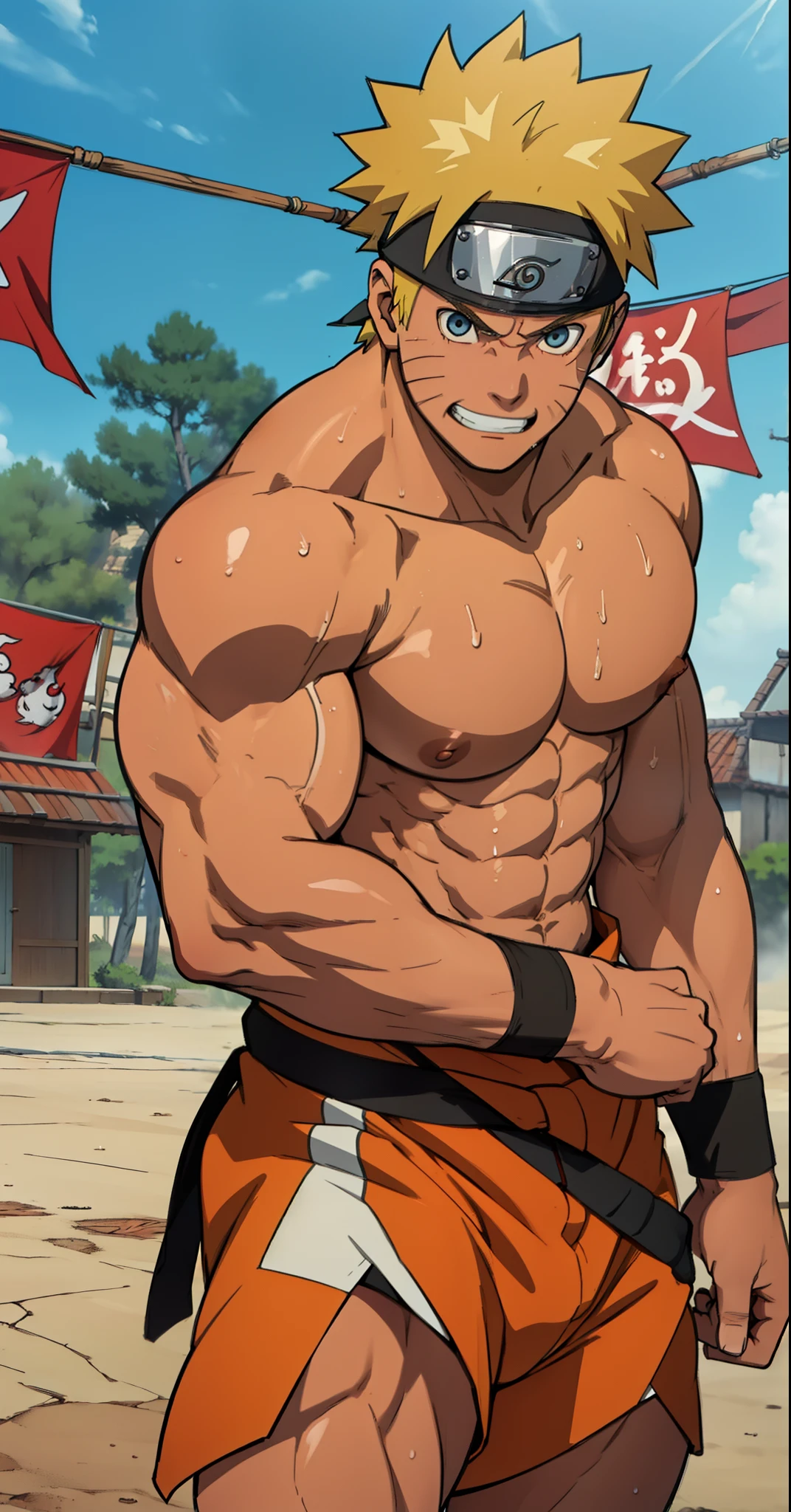 (Full body) (photo subject: Close-up of muscular thigh muscles ) (photo angle from bottom up)(Drawings of Naruto anime) (photo angle from the ground upwards) [Anime photo][highest quality photo][4k,HD photo quality ] wear tight and short loincloths   (muscular thigh muscles, firm thigh muscles, muscular thigh muscles, sinewy thigh muscles, giant thigh muscles, strong leg muscles, muscular hamstring leg muscles) ,Uzumaki Naruto fun, happy,bodybuilder,bodybuilding, standing, red skin,reddish brown skin, lots of sweat flowing down, topless, shirtless, hot sunny, (do not wear banners,do not wear headbands)