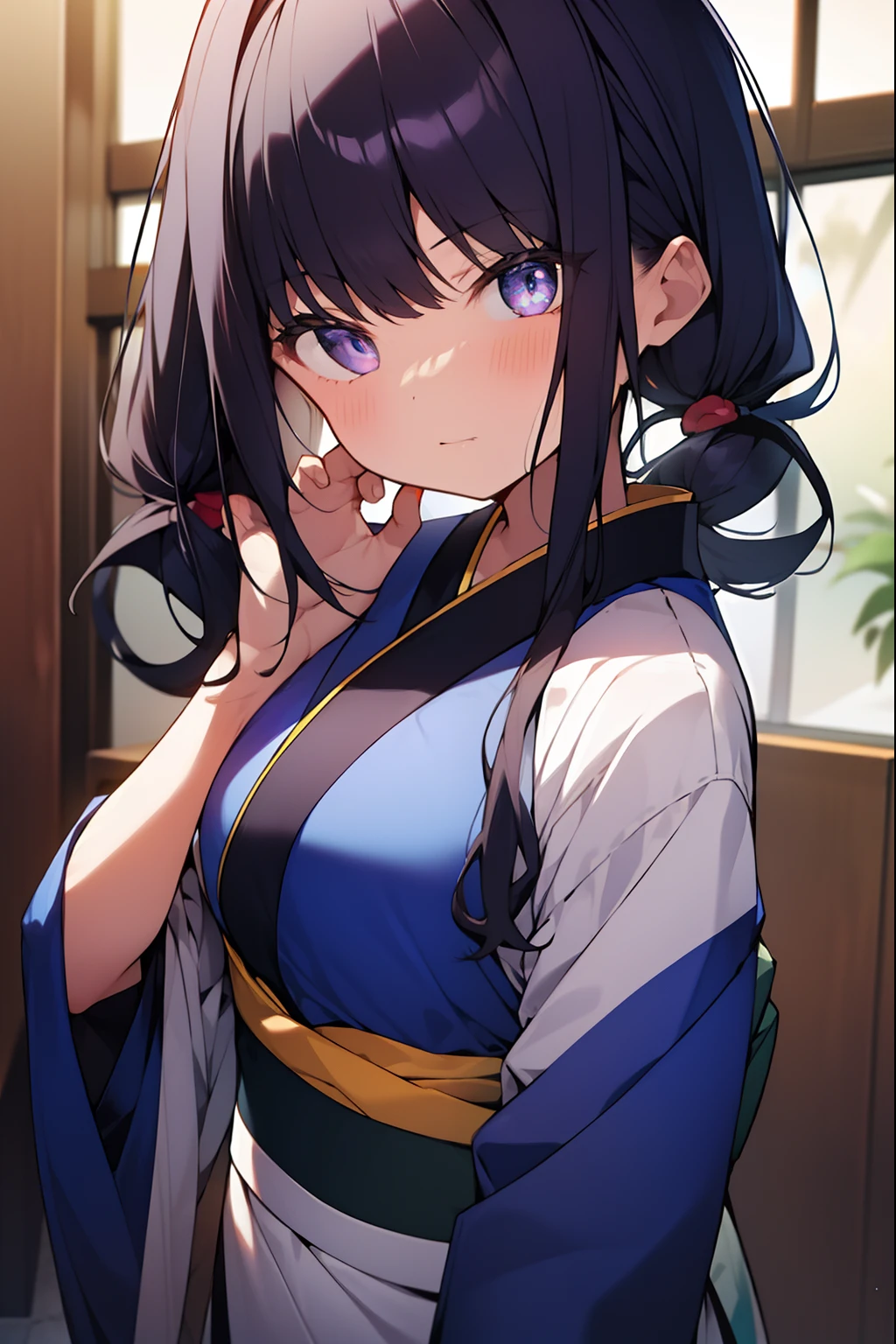 takinainoue, inoue takina, long hair, bangs, black hair, twintails, (purple eyes:1.2), (small breast:1.2), BREAK japanese clothes, kimono, apron, waist apron, blue kimono, waitress, BREAK indoors, BREAK (masterpiece:1.2), best quality, high resolution, unity 8k wallpaper, (illustration:0.8), (beautiful detailed eyes:1.6), extremely detailed face, perfect lighting, extremely detailed CG, (perfect hands, perfect anatomy),