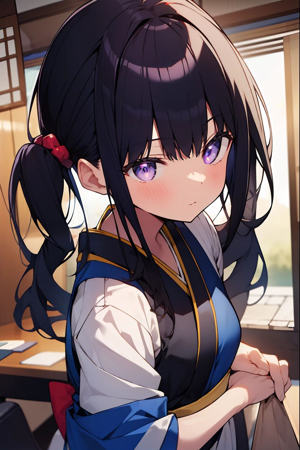 takinainoue, inoue takina, long hair, bangs, black hair, twintails, (purple eyes:1.2), (small breast:1.2), BREAK japanese clothes, kimono, apron, waist apron, blue kimono, waitress, BREAK indoors, BREAK (masterpiece:1.2), best quality, high resolution, unity 8k wallpaper, (illustration:0.8), (beautiful detailed eyes:1.6), extremely detailed face, perfect lighting, extremely detailed CG, (perfect hands, perfect anatomy),