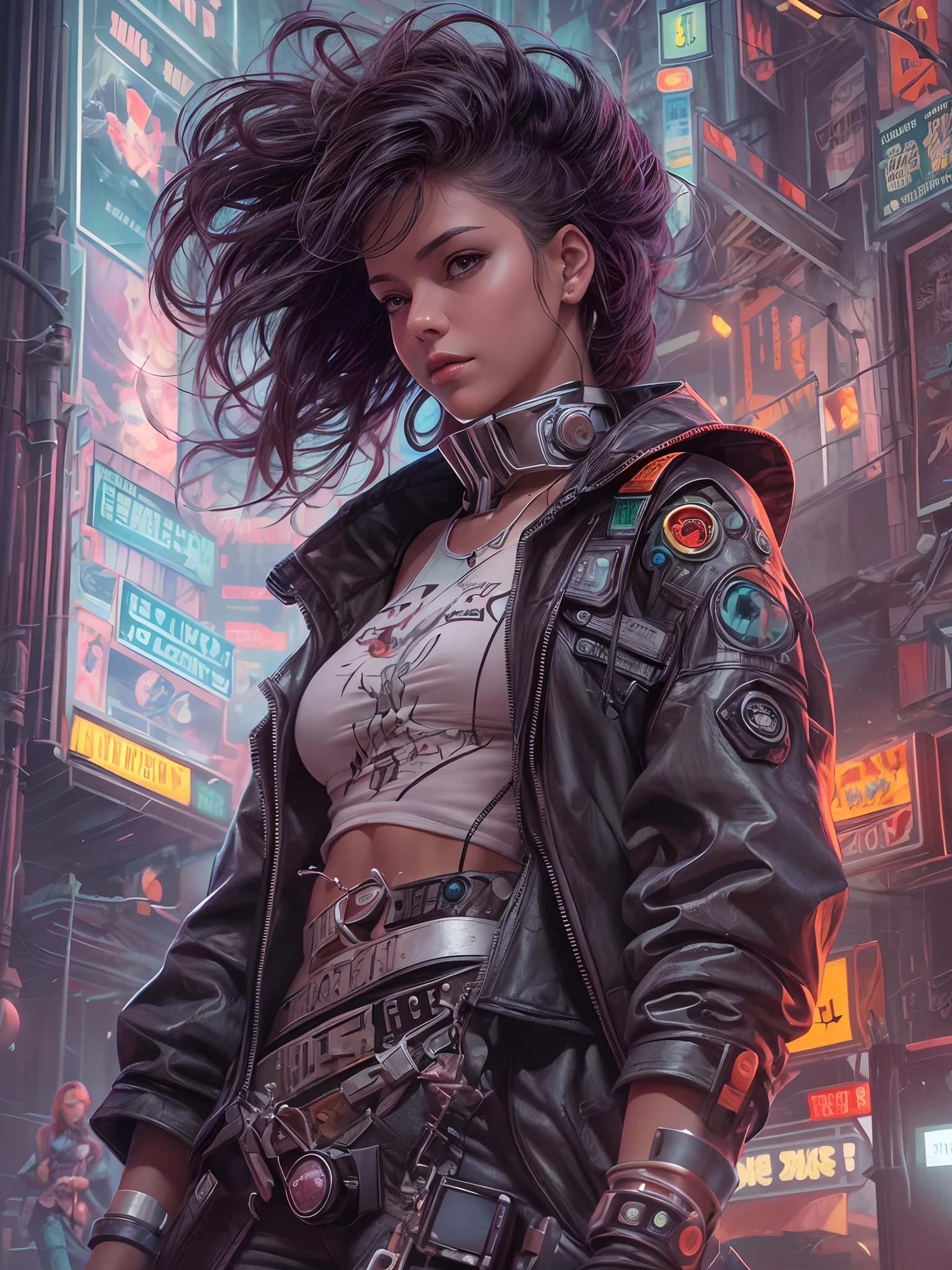 cinematic neon punk portrait of 24 yo [Roxette:Annie Lenox:0.55] as Famous Female Vocaloid Android walks in a Futuristic Bustling Business District of Martian Colony City Dome, Cyberpunk Skyscrapers Building, bustling bussy alley, expressionless smirk, intricate, frugal, highly detailed, intricate, digital painting, artstation, concept art, smooth, sharp focus, hyper photorealistic illustration, art by Don Lawrence and Frank Bellamy and alphonse mucha, 32k,