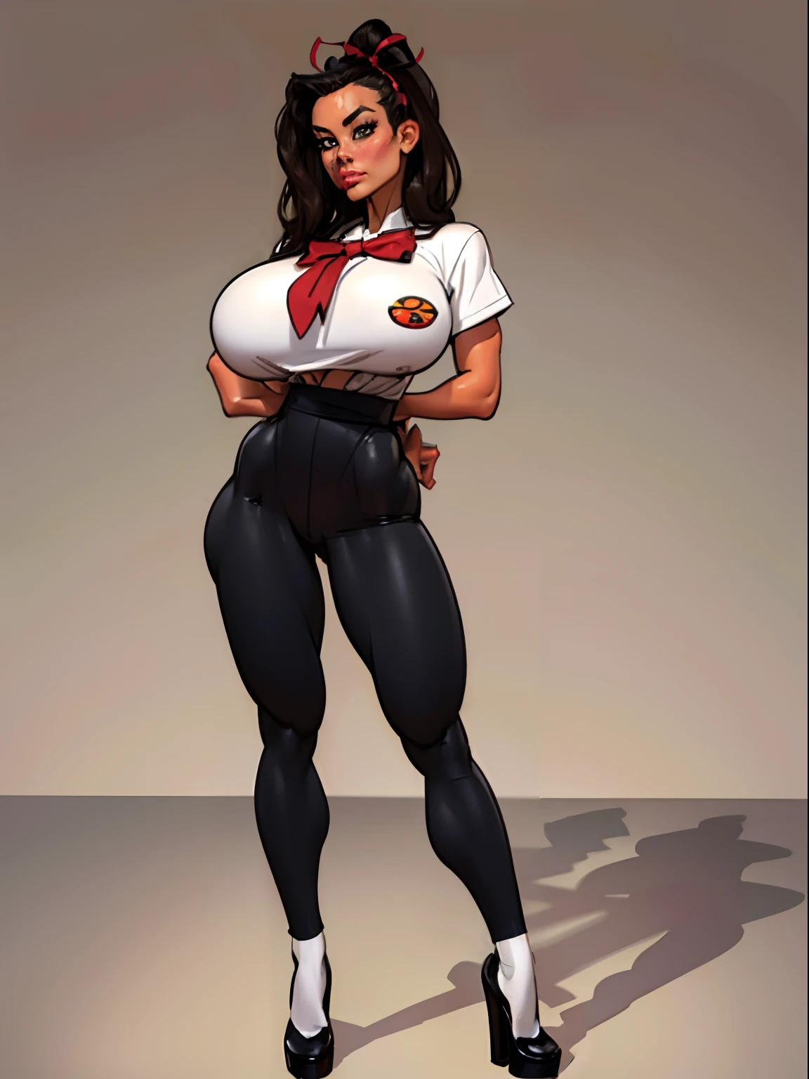 Lonely young  girl, Tall stature, large chest, closed mouth, asian face: brown eyes; black hair; sharp facial features; dimple on the chin; asian; ; pronounced high cheekbones; high forehead, stands upright, (gigantic breasts:1.4), detailed face, school uniform: large ribbon; pants, Full-length painting, white crew socks, black heels, big eyes, Thepit style