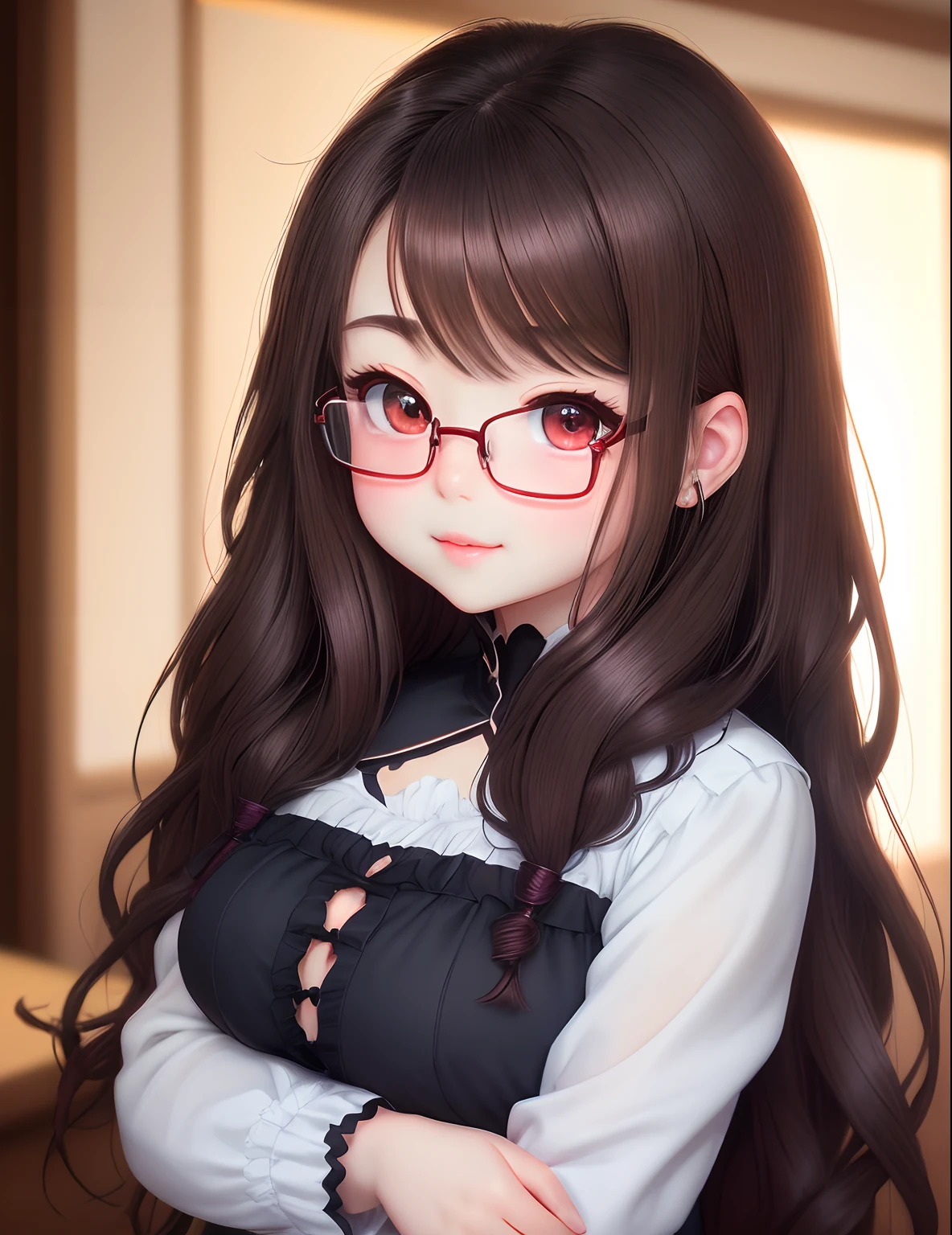 masuter piece、Soft smile、Longhaire、 brilliant light and shadow、Thick lip(Very red)、5 times more eyes than normal(Move down and center)、Highlights the hair cuticle、Little Girl、eye glass、A dark-haired、Gentle face、in a 4k、Sareme 、Blushing cheeks、Sparkling light blue eyes、The corners of the eyebrows are lowered、Wide open eyes、Cute anime portraits、head is large、2 d anime style、small nose、Emphasis on the chest(Colossal tits)、fullnude、Dark shading