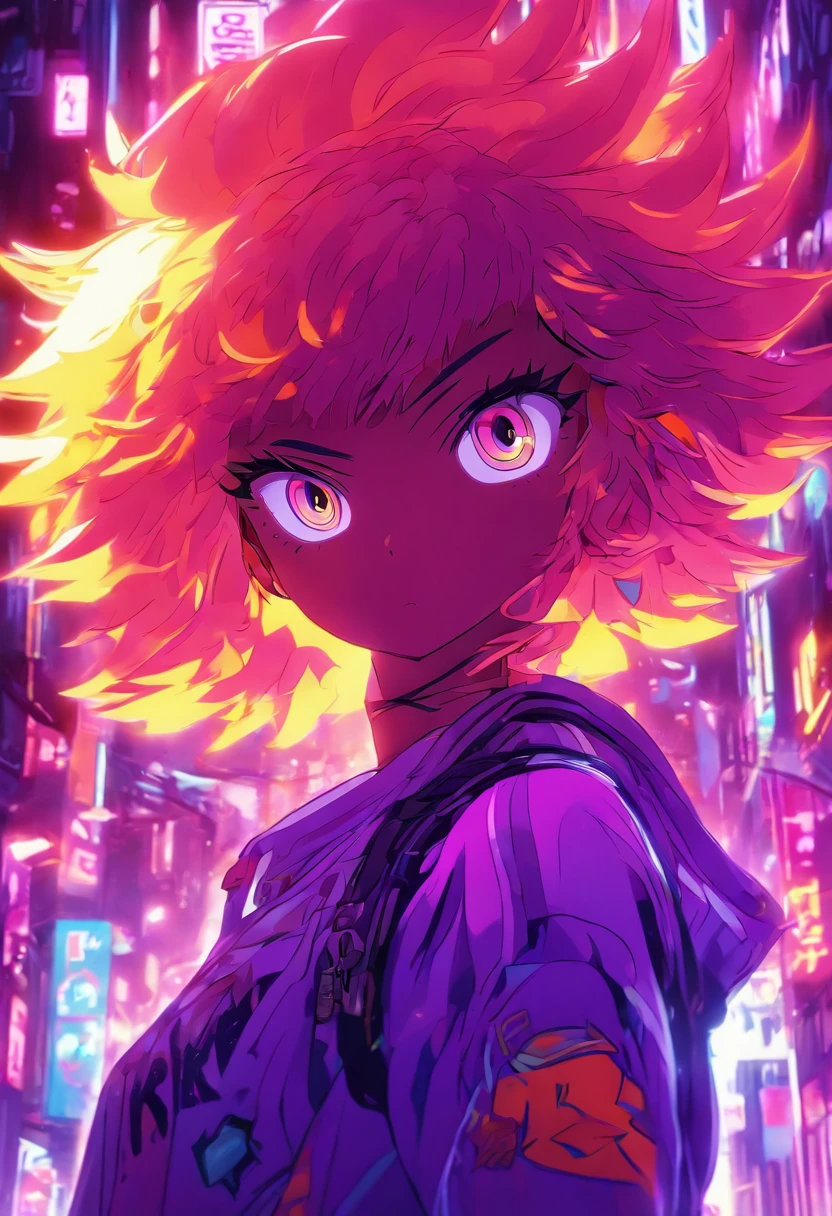 chica anime pelo rizado flouresente brillante, Color Purple Neon Orange Neon Neon