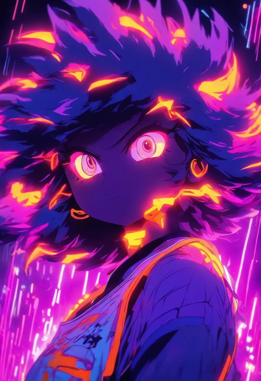 chica anime pelo rizado flouresente brillante, Color Purple Neon Orange Neon Neon