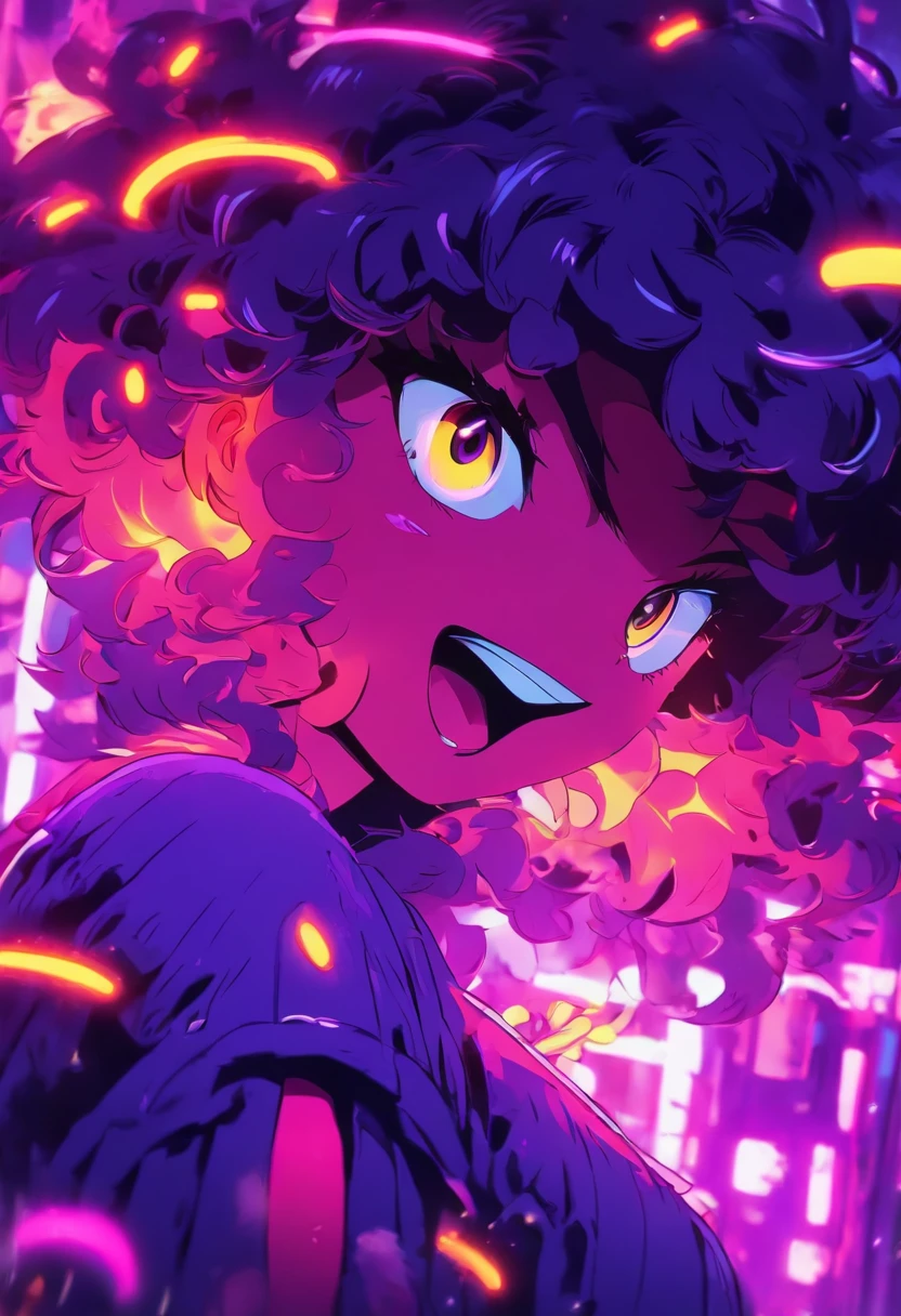 chica anime pelo rizado flouresente brillante, Color Purple Neon Orange Neon Neon