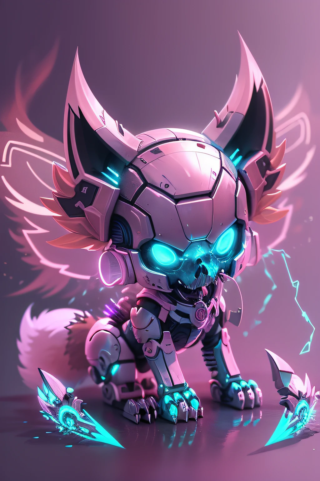 a pink glowing chibi cartoon like  fox  with a metalic cyborg android  fox skull as a face with metal claws bleu glowing wings floathing around his back