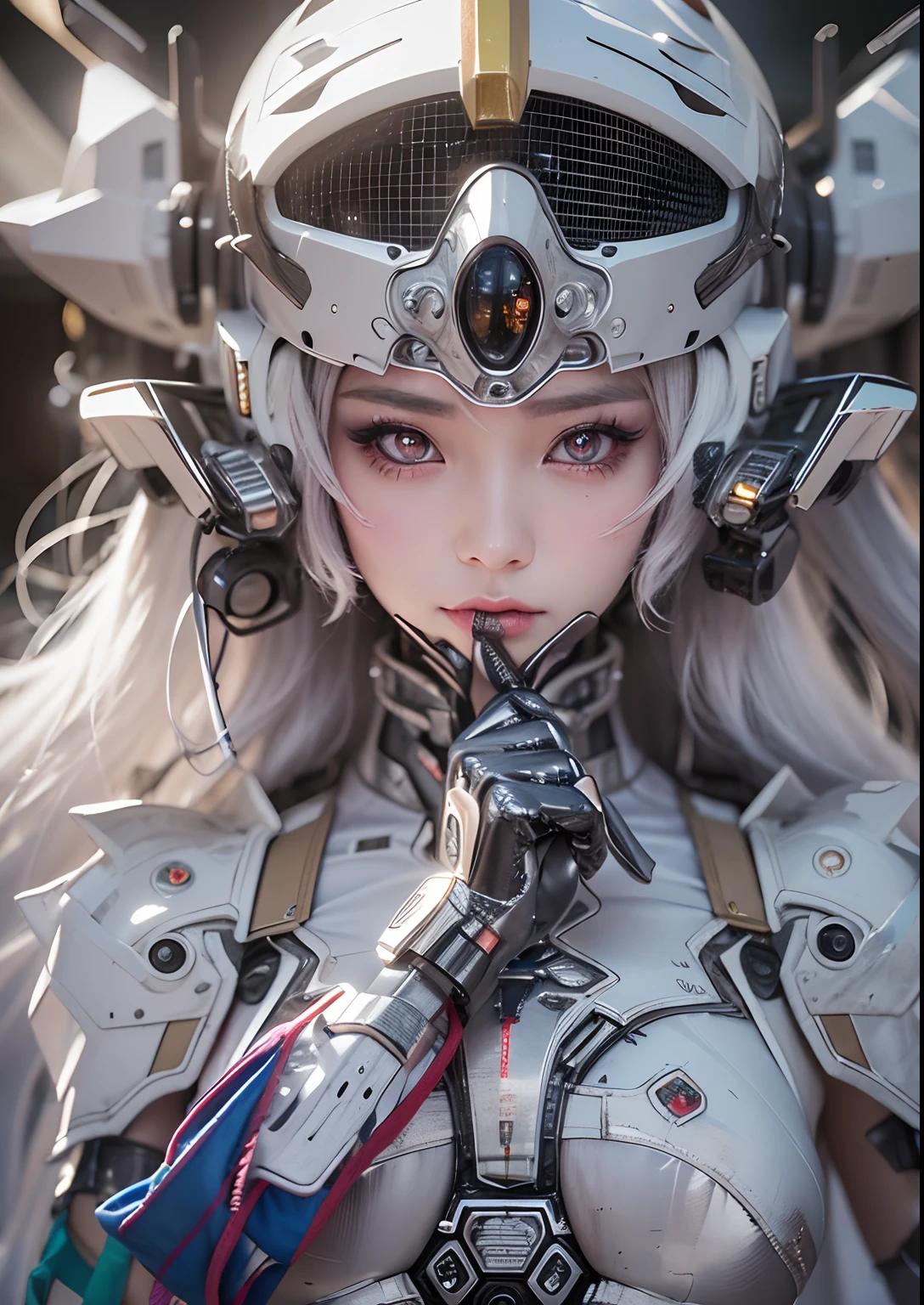 top-quality、masterpiece、超A high resolution、(Photorealsitic:1.4)、Raw photo、Battle Cyborg Angel、large wings made of metal、White porcelain body、Acrylic Clear Cover、white hair、glowy skin、1 Cyborg Girl、((super realistic details))、portlate、globalillumination、Shadow、octan render、8K、ultrasharp、character edge light,Colossal tits、Raw skin is exposed in cleavage、Details of complex ornaments、Double Zeta Gundam details、Hydraulic cylinder、Small LED lamp、highly intricate detail、Realistic light、a purple eye、radiant eyes、Facing the camera、neon details、cowboy shot、Futuristic headgear、About Cyberpunk, (((A Mongolia girl face)))