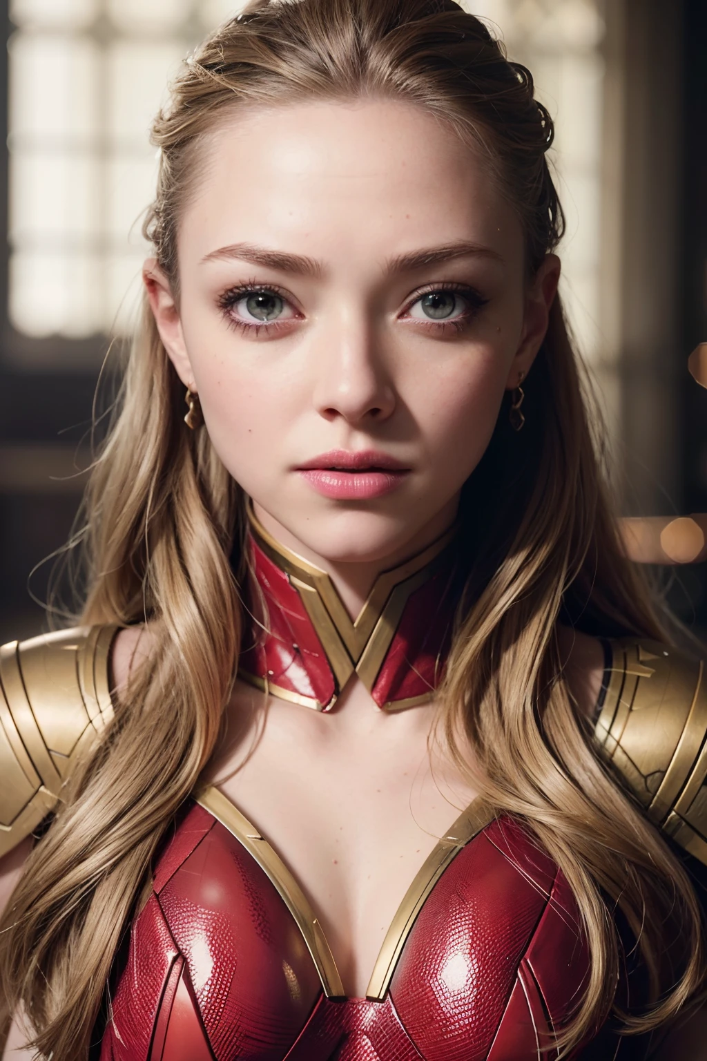 Amanda Seyfried as a superhero, wearing gold and red superhero armor, glowing lights, (superhero pose), (hyper realistic:1.4), (realistic:1.3), (best quality real texture skin), full body, (Cinematic Light), highly detailed skin, skin pores, (highly detailed face:1.1), (highly detailed eyes:1.1), realistic pupils, (perfect anatomy:1.1), (perfect proportions:1.1), (photography:1.1), (photorealistic:1.1), volumetric lighting, dynamic lighting, real shadows, (highres:1.1), sharp focus, daylight, (realistic, hyperrealistic:1.4), intricate, high detail, dramatic, subsurface scattering, big depth of field, vivid, polished, sharpened, ((full Sharp)), (extremely absurdres),8k hdr