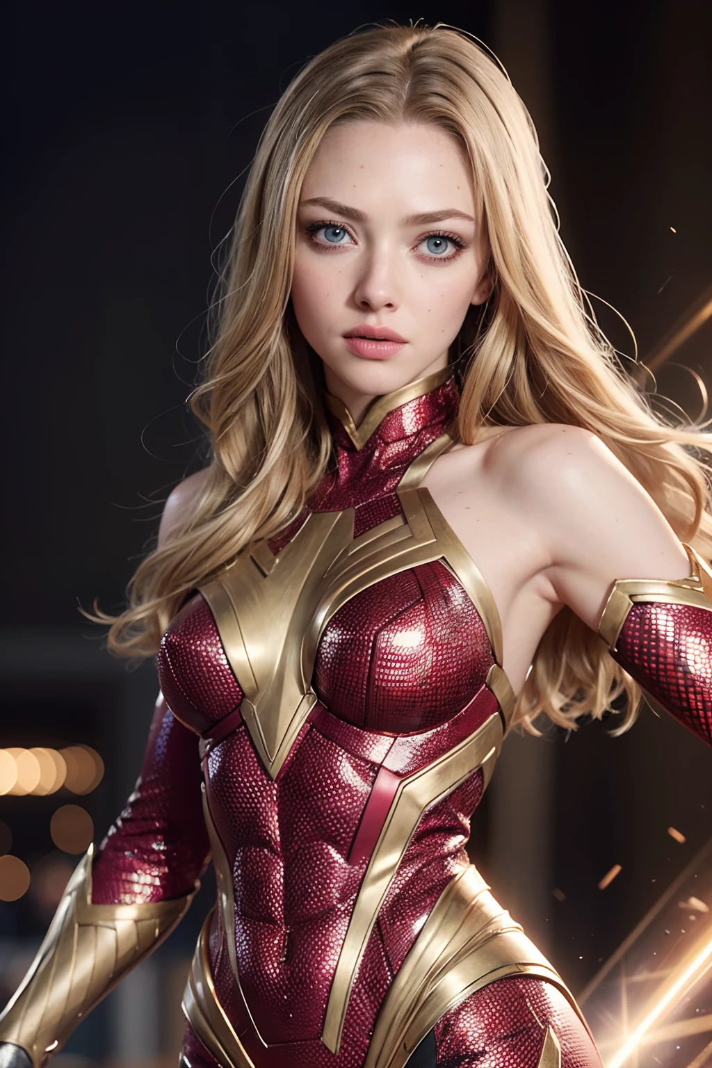 Amanda Seyfried as a superhero, wearing gold and red superhero armor,  glowing lights, (superhero pose), (hyper realistic:1.4), (realistic:1.3), (best quality real texture skin), full body, (Cinematic Light), highly detailed skin, skin pores, (highly detailed face:1.1), (highly detailed eyes:1.1), realistic pupils, (perfect anatomy:1.1), (perfect proportions:1.1), (photography:1.1), (photorealistic:1.1), volumetric lighting, dynamic lighting, real shadows, (highres:1.1), sharp focus, daylight, (realistic, hyperrealistic:1.4), intricate, high detail, dramatic, subsurface scattering, big depth of field, vivid, polished, sharpened, ((full Sharp)), (extremely absurdres),8k hdr