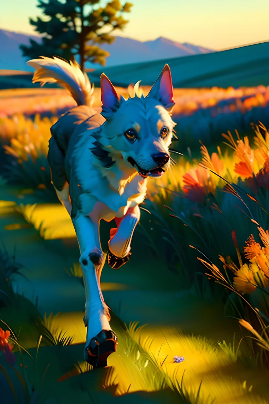 A painting of a springtime landscape, green grass, wild flowers, a smiling dog running, early morning light.