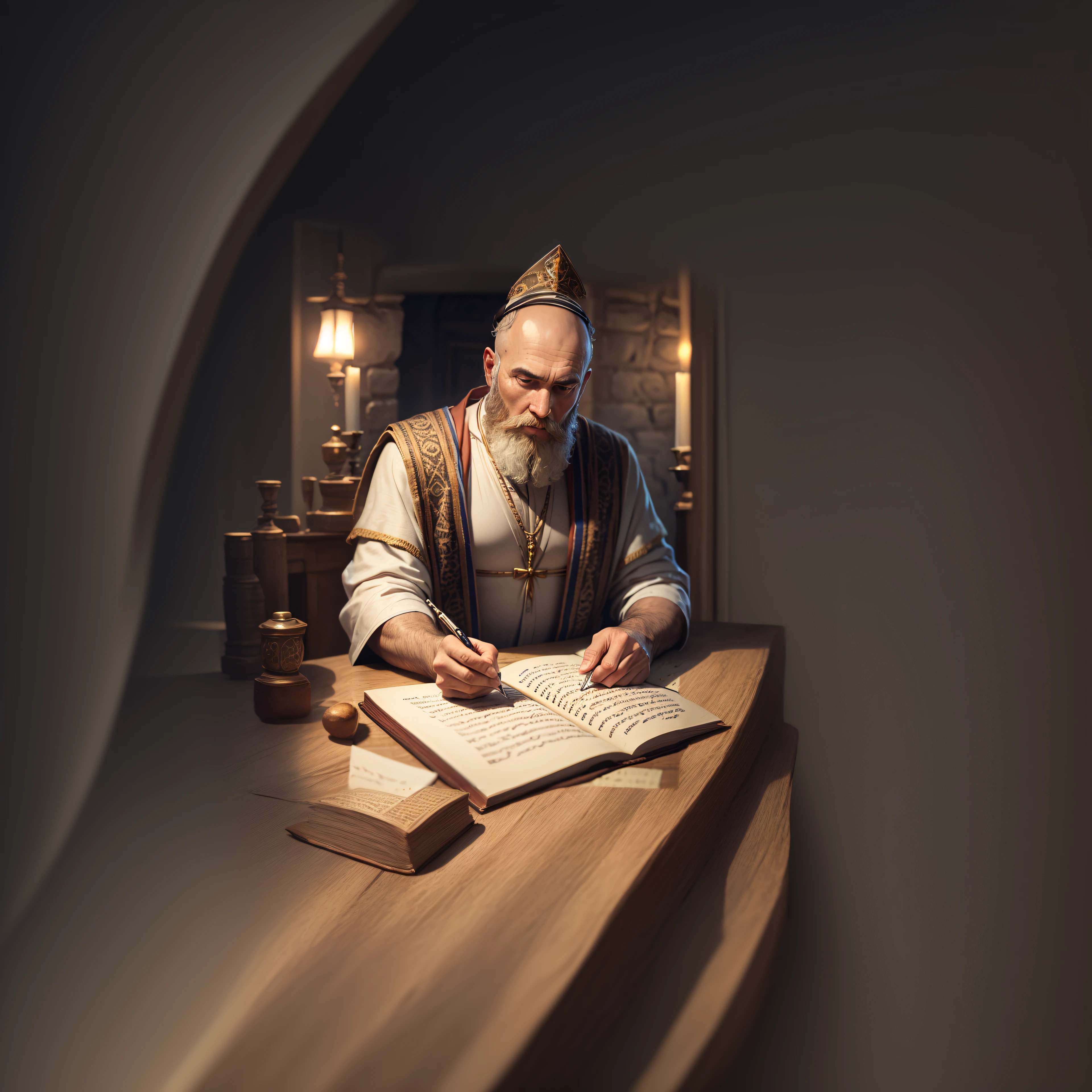 Homem de vestes de padre escrevendo um livro, picture of a male cleric, assistente senta-se lendo em uma mesa, cleric, Reis Cruzados 3, pintura digital renascentista, spell casting wizard, dressed like a cleric, retrato do livro do RPG, estudioso renascentista vestido, Personagem altamente detalhado, retrato closeup de um mago, realistic fantasy rendering, closeup portrait of an artificer
