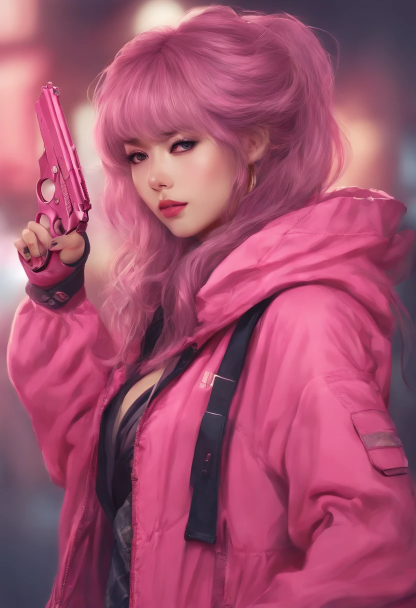 Hitori Bochi, anime style, Japanise Woman, Hairs pink, Jaket Pink, a hand gun, asian, anime