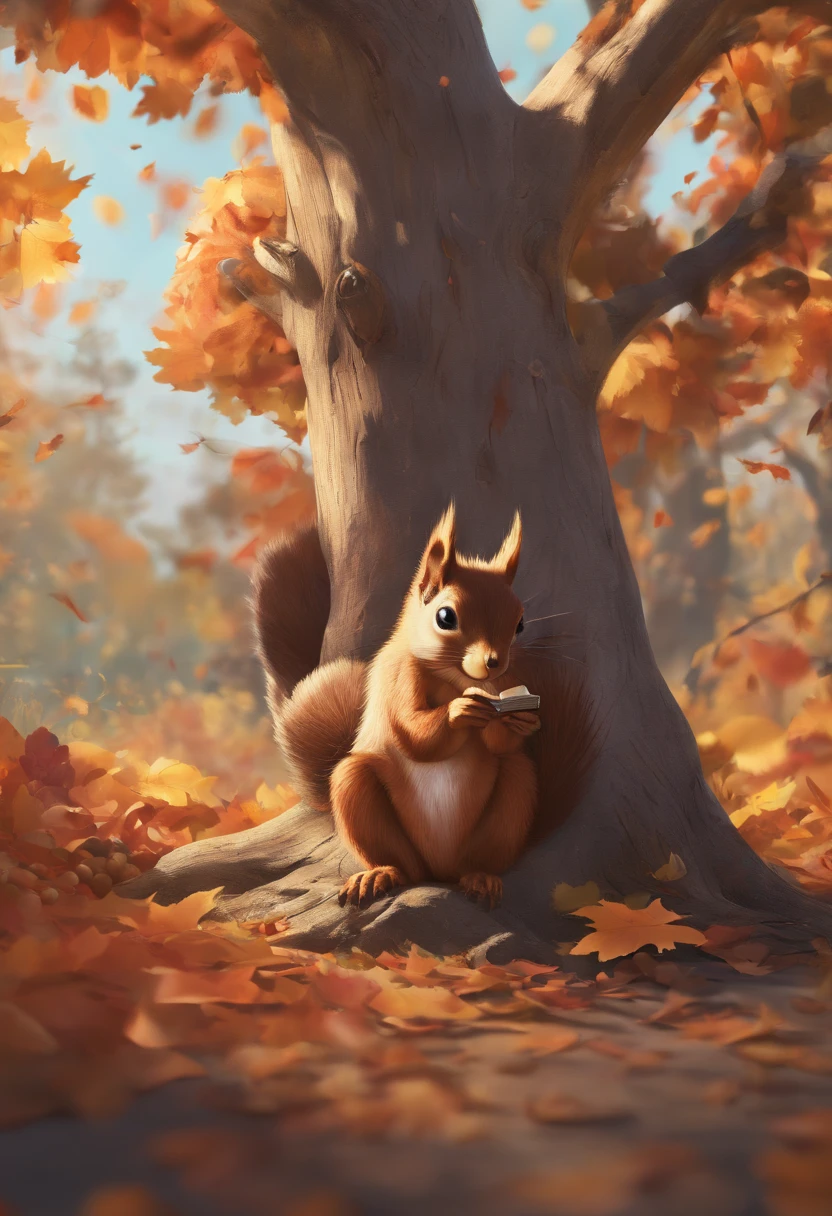 (8K, 16 K, awardwinning, of the highest quality, High resolution, super detailed, Textured skin, Anatomically correct, Photorealistic, Raw photo, masutepiece: 1.3), (1 girl), (Girl dozing off sitting on the ground under a big tree: 1.3), Aerial view from above, open book, There are acorns on top of the book, (Squirrel stealing acorns: 1.2), Trees with autumn leaves々, idyllic scenery, Soothing, Autumn, leaves falling, Leaning against a tree