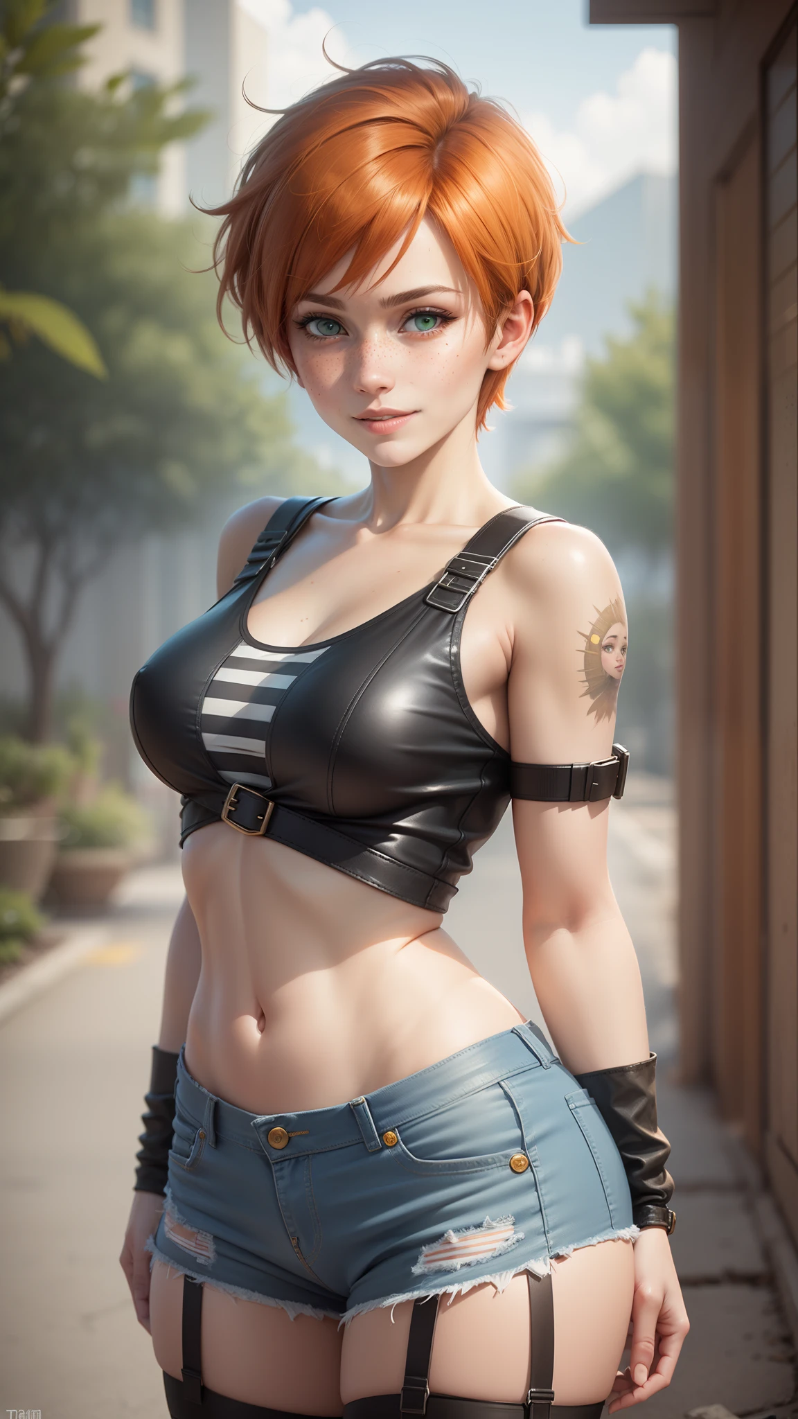 gwen tennyson,tracer,rikku,rebecca chambers,final fantasy,pilot uniform, ager, green eyes,garter belt,striped underwear,short hair,orange hair,hot springs,shy smile,ginger,white striped top,denim micro skirt,freckles,beautiful girl,stockings,large breasts,ultra detailed,realistic,
