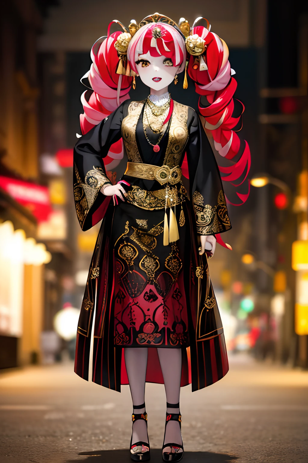 Masterpiece, hd, 2d, 1girl, Ollie, zombie_skin, multicolored hair, multicolored eyes, twintail hair, woman, full body of java wedding woman in black kebaya dress traditional and batik skirt, looking at viewer, jewerly and hair on hair, red lipstick, golden necklace, earrings, ornate, detail, flowers, blurry background, soft focus