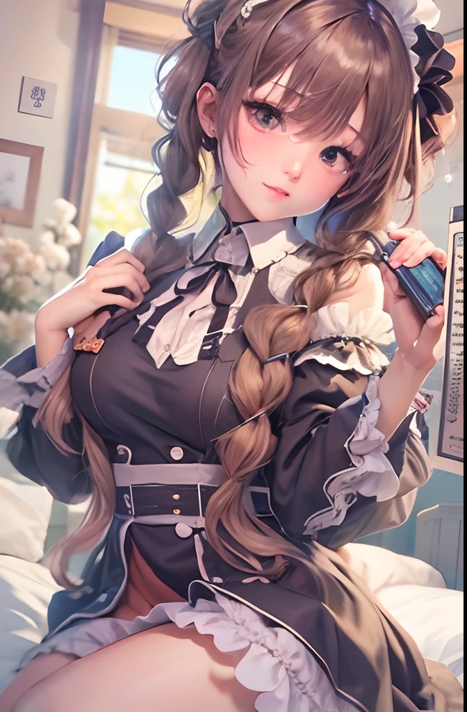 masterpiece, best quality, YelanV4, 1girl, solo, looking at viewer, blush, smile, large breasts, cleavage, green eyes, ((brown sweater, black legwear, ankle boots, boots:1.3)), couch, coffee, holding cup, ((hands on hip)), pelvic curtain, mole on breast, vision (genshin impact), cowboy shot