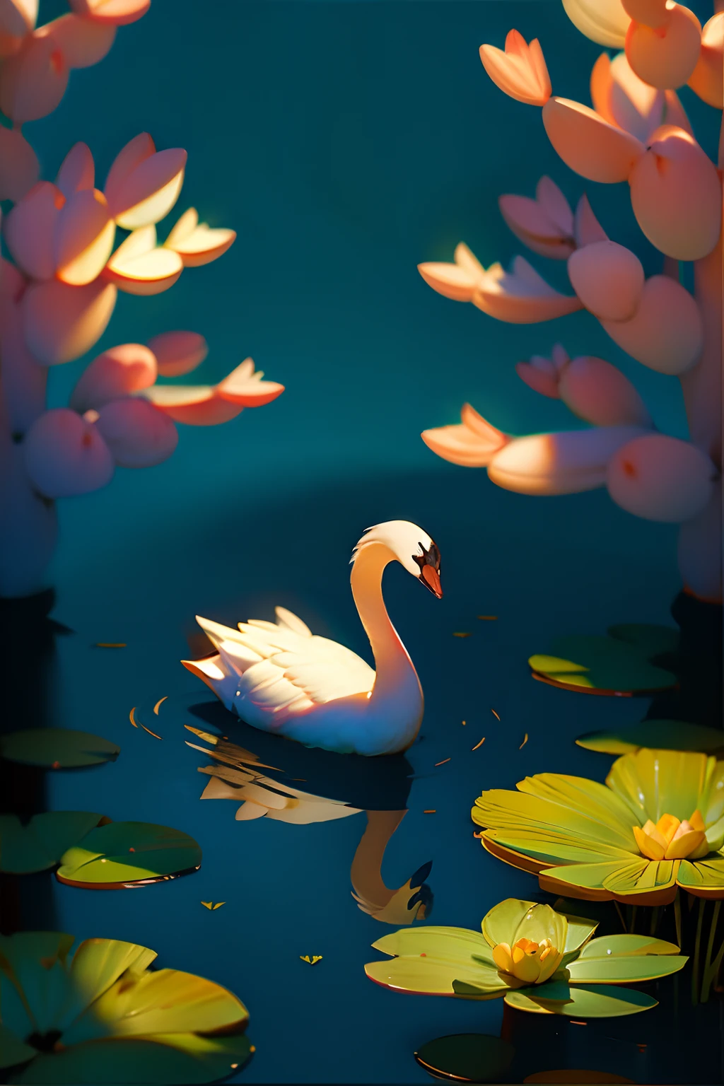 A painting of a swan in a pond, springtime, midday light.