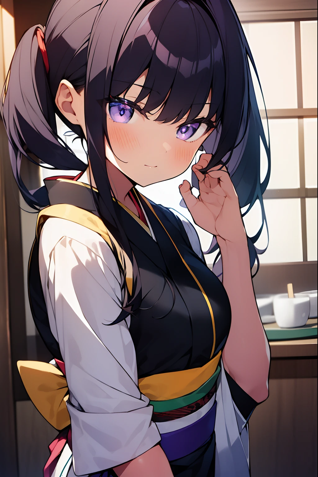 takinainoue, inoue takina, long hair, bangs, black hair, twintails, (purple eyes:1.2), (small breast:1.2), BREAK japanese clothes, kimono, apron, waist apron, blue kimono, waitress, BREAK indoors, BREAK (masterpiece:1.2), best quality, high resolution, unity 8k wallpaper, (illustration:0.8), (beautiful detailed eyes:1.6), extremely detailed face, perfect lighting, extremely detailed CG, (perfect hands, perfect anatomy),