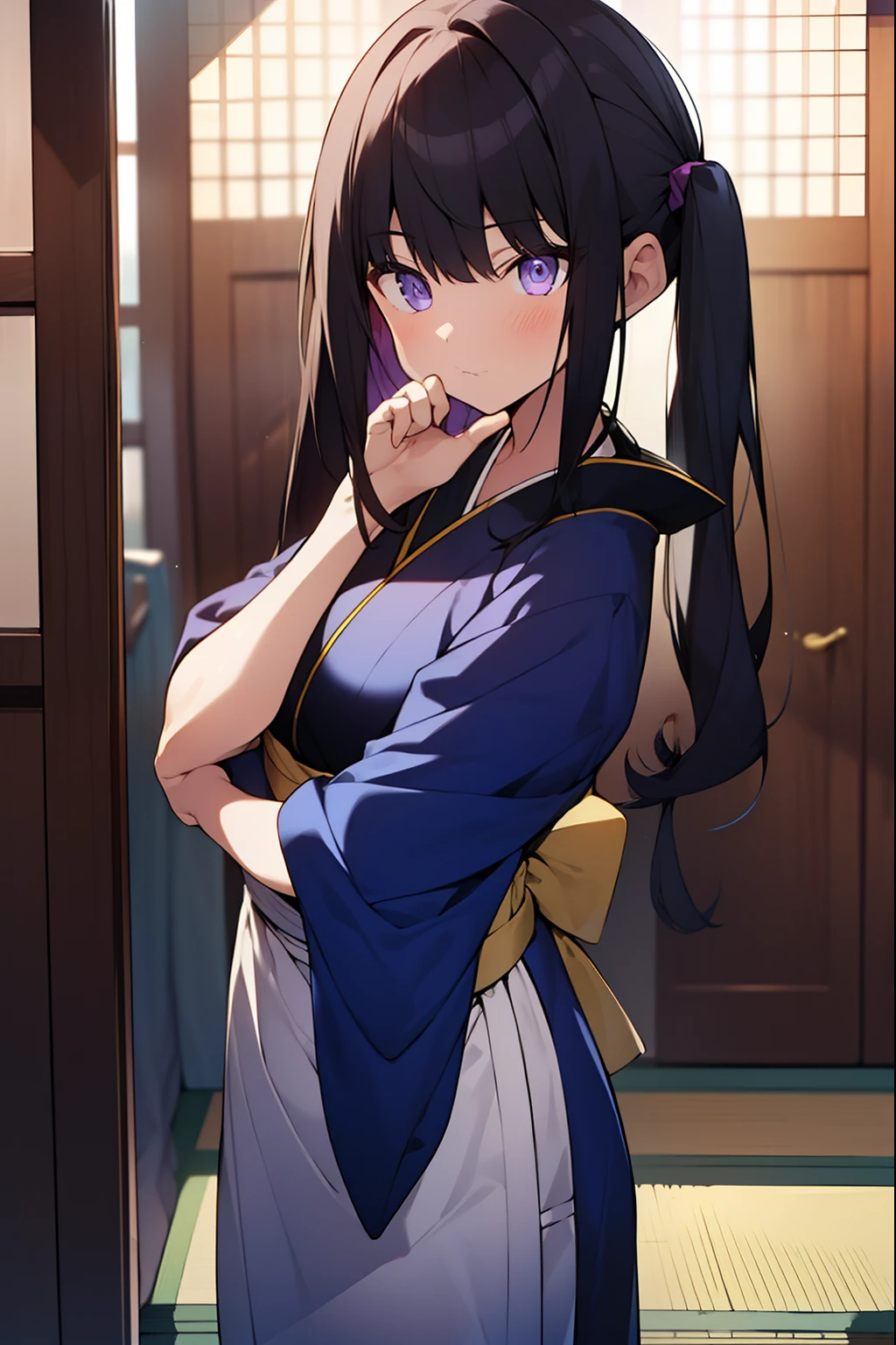 takinainoue, inoue takina, long hair, bangs, black hair, twintails, (purple eyes:1.2), (small breast:1.2), BREAK japanese clothes, kimono, apron, waist apron, blue kimono, waitress, BREAK indoors, BREAK (masterpiece:1.2), best quality, high resolution, unity 8k wallpaper, (illustration:0.8), (beautiful detailed eyes:1.6), extremely detailed face, perfect lighting, extremely detailed CG, (perfect hands, perfect anatomy),