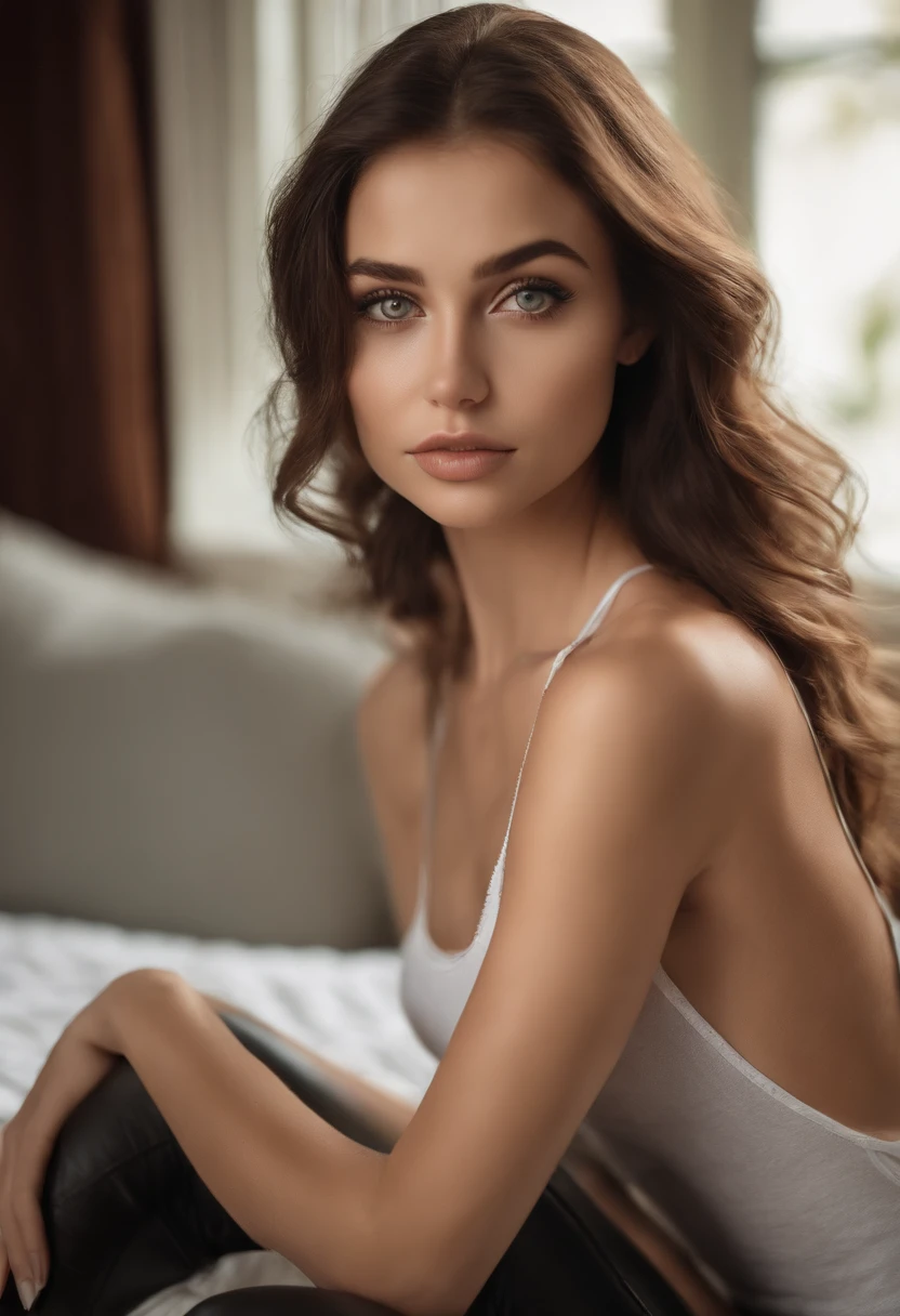 arafed woman with a white tank top and a necklace, sexy girl with green eyes, portrait sophie mudd, brown hair and large eyes, selfie of a young woman, bedroom eyes, violet myers, without makeup, natural makeup, looking directly at the camera, face with artgram, subtle makeup, stunning full body shot, piercing green eyes, beautiful angle, attractive pose, cute girl, sexy pose, full body picture, full body, full body shoot, brunette goddess, high detail, satisfied pose, leather pants, massive tits