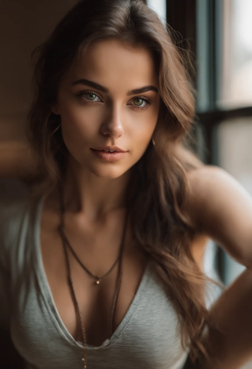 arafed woman with a white tank top and a necklace, sexy girl with green eyes, portrait sophie mudd, brown hair and large eyes, selfie of a young woman, bedroom eyes, violet myers, without makeup, natural makeup, looking directly at the camera, face with artgram, subtle makeup, stunning full body shot, piercing green eyes, beautiful angle, attractive pose, cute girl, sexy pose, full body picture, full body, full body shoot, brunette goddess, high detail, satisfied pose, leather pants