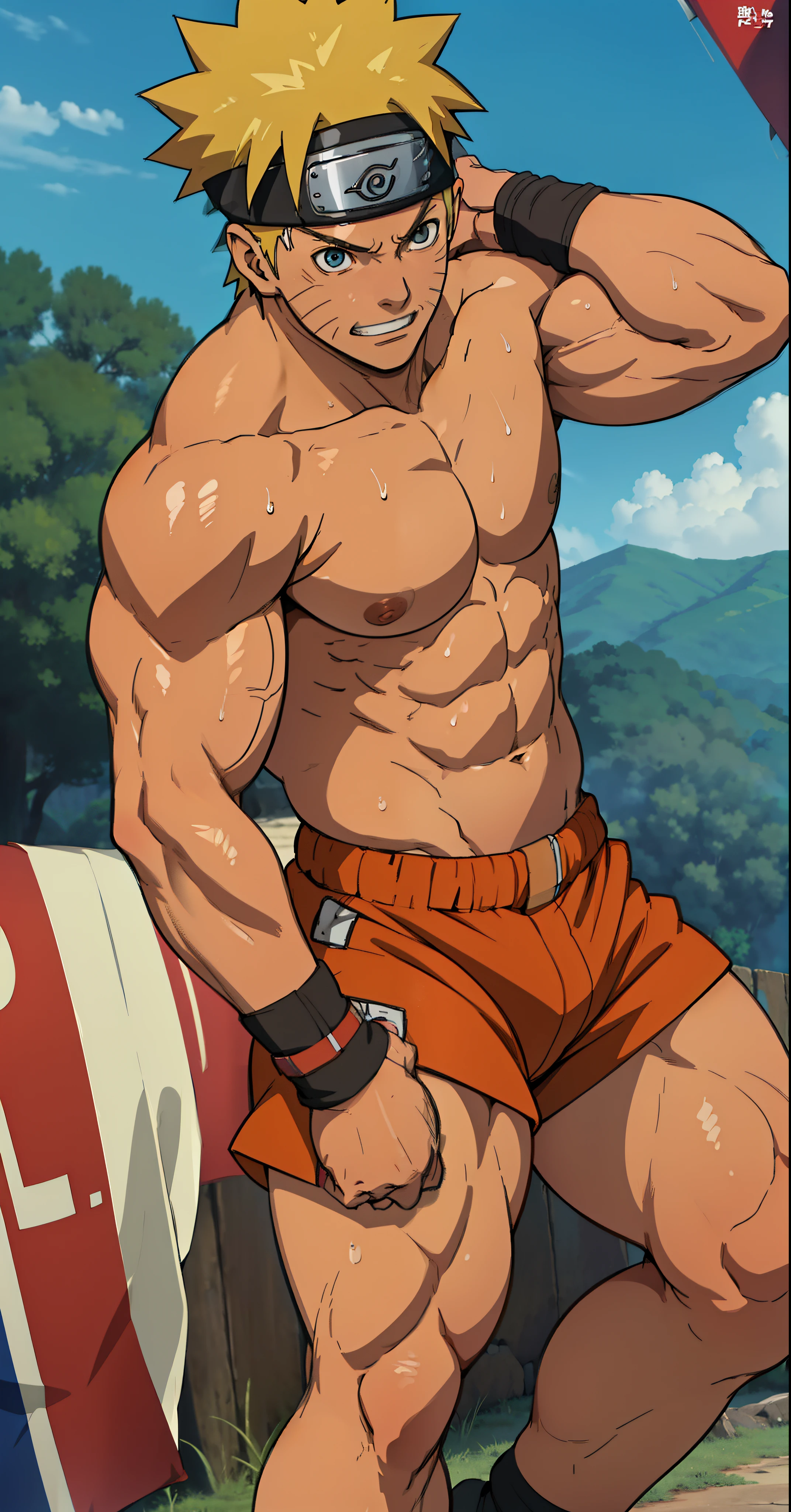 (Full body) (photo subject: Close-up of muscular thigh muscles ) (photo angle from bottom up)(Drawings of Naruto anime) (photo angle from the ground upwards) [Anime photo][highest quality photo][4k,HD photo quality ] wear tight and short loincloths   (muscular thigh muscles, firm thigh muscles, muscular thigh muscles, sinewy thigh muscles, giant thigh muscles, strong leg muscles, muscular hamstring leg muscles) ,Uzumaki Naruto fun, happy,bodybuilder,bodybuilding, standing, red skin,reddish brown skin, lots of sweat flowing down, topless, shirtless, hot sunny, (do not wear banners,do not wear headbands)