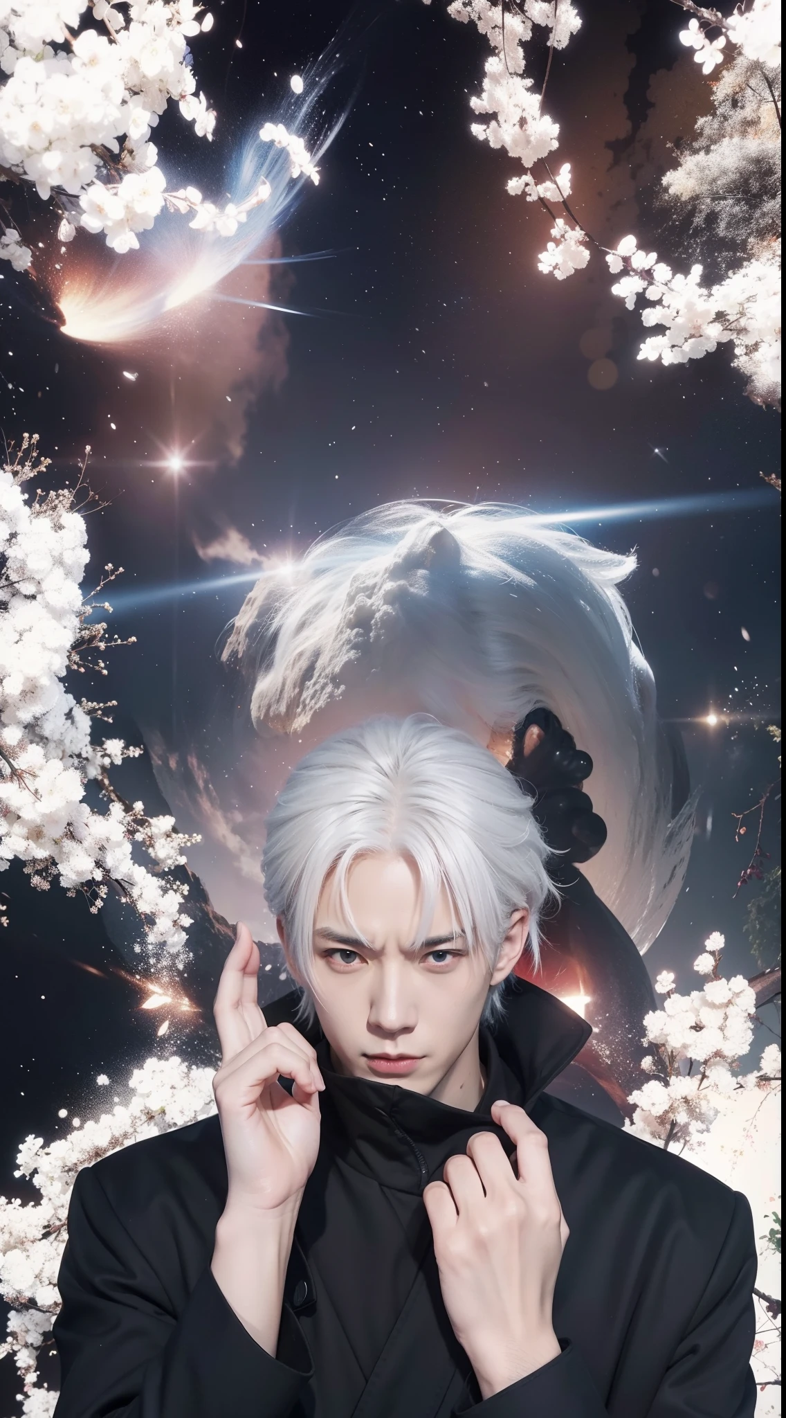 Real life adaption of this character,his name is Gojo satoru from anime Jujutsu kaisen,adult handsome face,realistic white hair,realistic outfit ,realistic light,realistic shadow,realistic background domain expansion,(photorealistic:1.2)