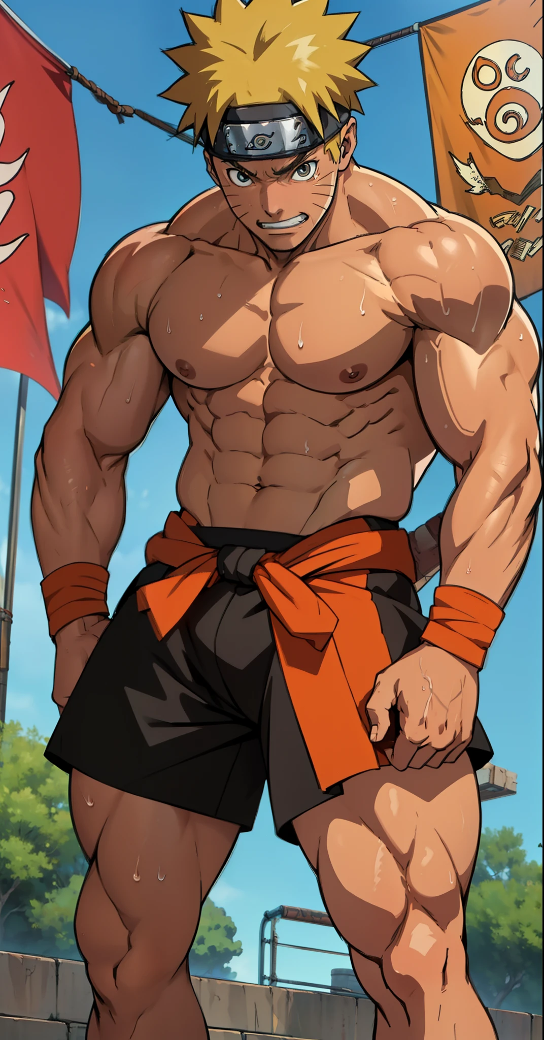 (Full body) (photo subject: Close-up of muscular thigh muscles ) (photo angle from bottom up)(Drawings of Naruto anime) (photo angle from the ground upwards) [Anime photo][highest quality photo][4k,HD photo quality ] wear tight and short loincloths   (muscular thigh muscles, firm thigh muscles, muscular thigh muscles, sinewy thigh muscles, giant thigh muscles, strong leg muscles, muscular hamstring leg muscles) ,Uzumaki Naruto fun, happy,bodybuilder,bodybuilding, standing, red skin,reddish brown skin, lots of sweat flowing down, topless, shirtless, hot sunny, (do not wear banners,do not wear headbands)