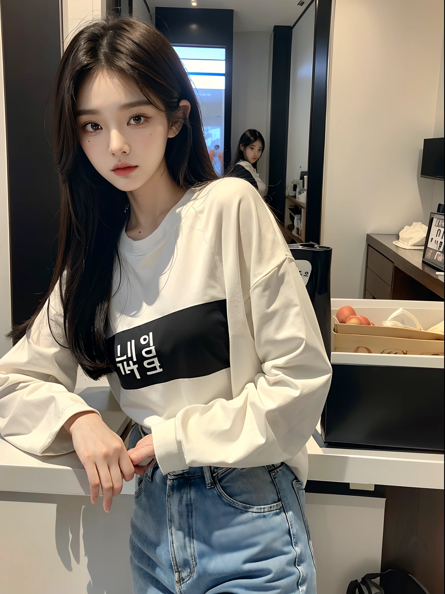 ​masterpiece、top-quality)、1 beutiful girl、Slim body、((Black and white plain clothes:1.1))、(Detailed beautiful eyes)、Walk around the store、((Boyish Brown Medium Hair))、((Smaller face))、((Neutral face))、((Face seen from the side))、((Light brown eyes))、((Korean Girl))、((18year old))、((cool lady))、((Wild look))、((Korean Makeup))、((elongated and sharp eyes))、((Happy dating))、((looking distantly))、((boyish))、((Shot from the same height as your face))、((Shorter than viewers))、((She is walking in front of the viewer))、((Happy to be spoiled by viewers))