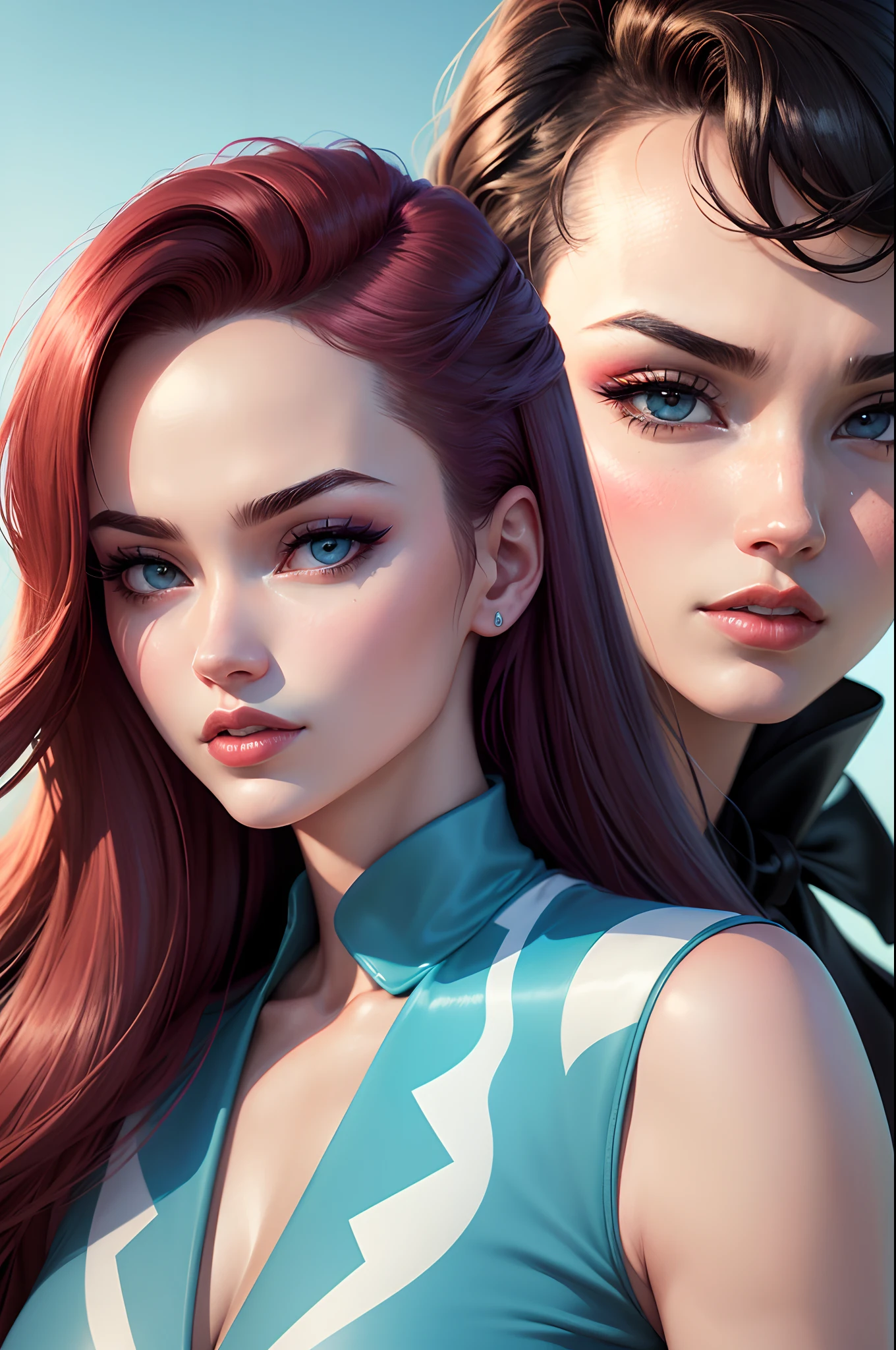 (best quality,4k,highres,masterpiece:1.2),ultra-detailed,realistic:1.37,two people looking at a newspaper,Patrick Nagel style,Miho Hirano style,celebrity portraits,comic art,Bruce Timm art,charming anime characters,narrative diptychs,3:4 aspect ratio,high contrast,neon colors,dark background,vibrant expressions,sharp focus,modern aesthetic,stylish poses,50s fashion style,retro vibe,dynamic composition,cool color palette,mysterious atmosphere