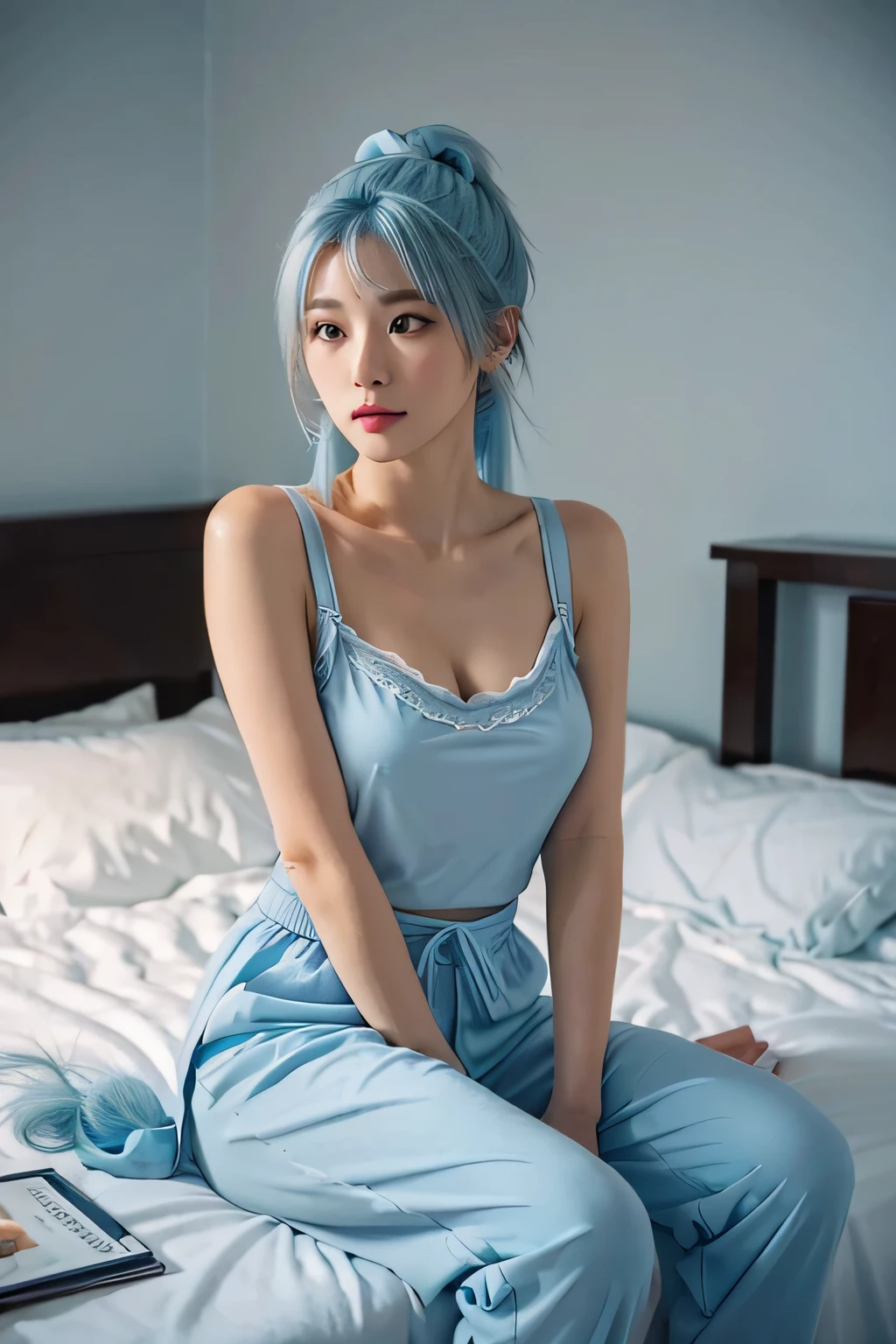 super high precision，Lots of detail，Lens aperture，tmasterpiece，Shine through the light，best qualtiy，best qualityer，closeup cleavage，Look to the lens，Ultra-clear image quality，8K分辨率，1womanl，(((Light blue high double ponytail)))，（Conservative pajamas：1.4），sit on a bed