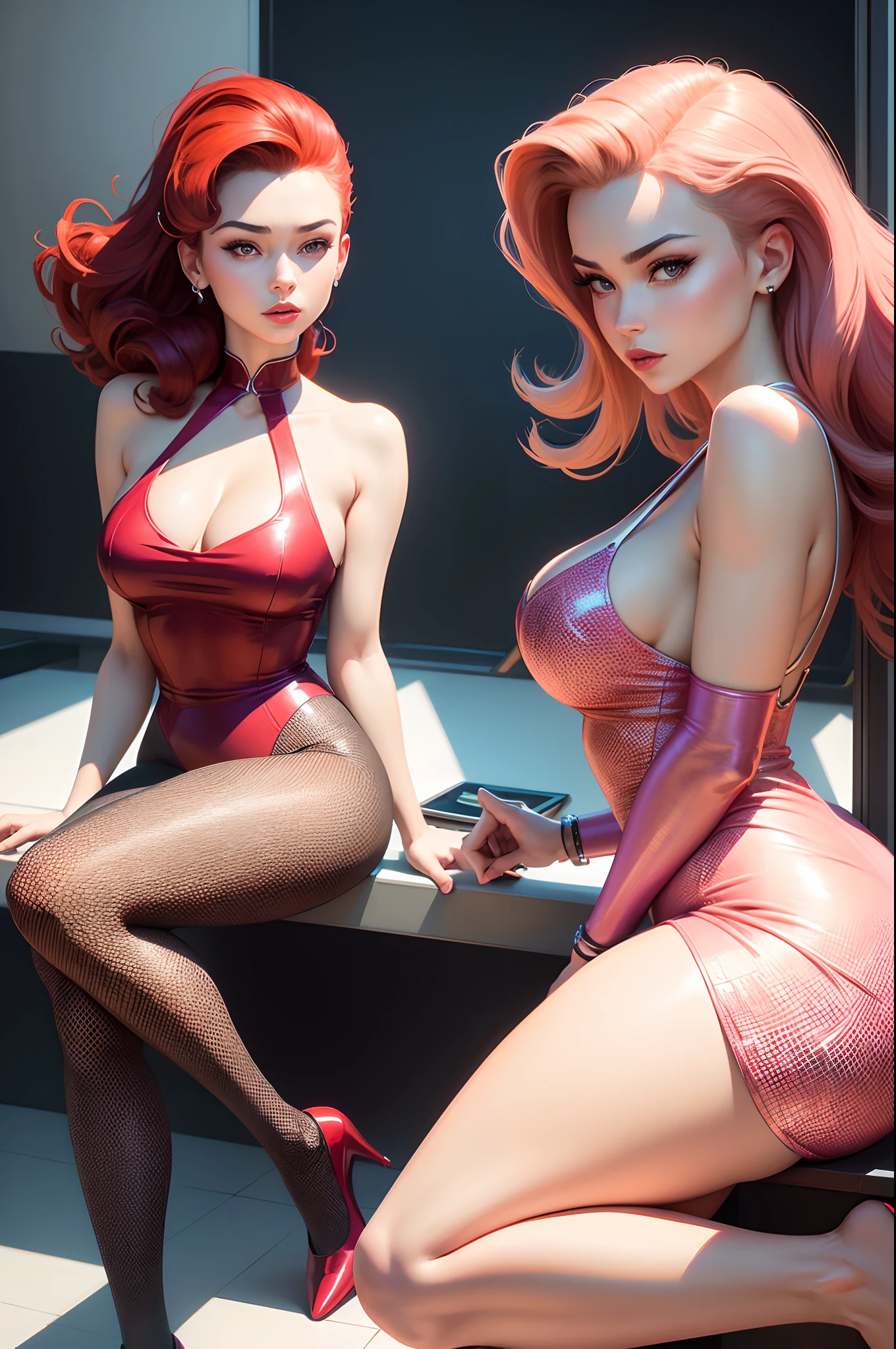 (best quality,4k,highres,masterpiece:1.2),ultra-detailed,realistic:1.37,two people looking at a newspaper,Patrick Nagel style,Miho Hirano style,celebrity portraits,comic art,Bruce Timm art,charming anime characters,narrative diptychs,3:4 aspect ratio,high contrast,neon colors,dark background,vibrant expressions,sharp focus,modern aesthetic,stylish poses,50s fashion style,retro vibe,dynamic composition,cool color palette,mysterious atmosphere