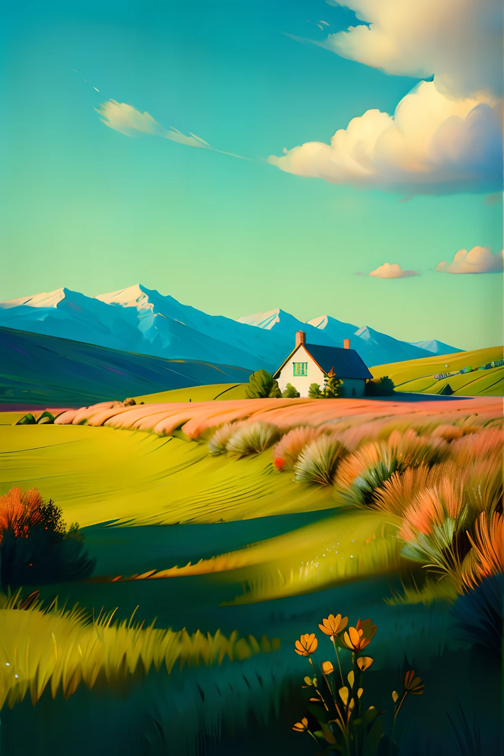 A painting of a springtime landscape, open field, green grass, wild flowers, a new house, day light.