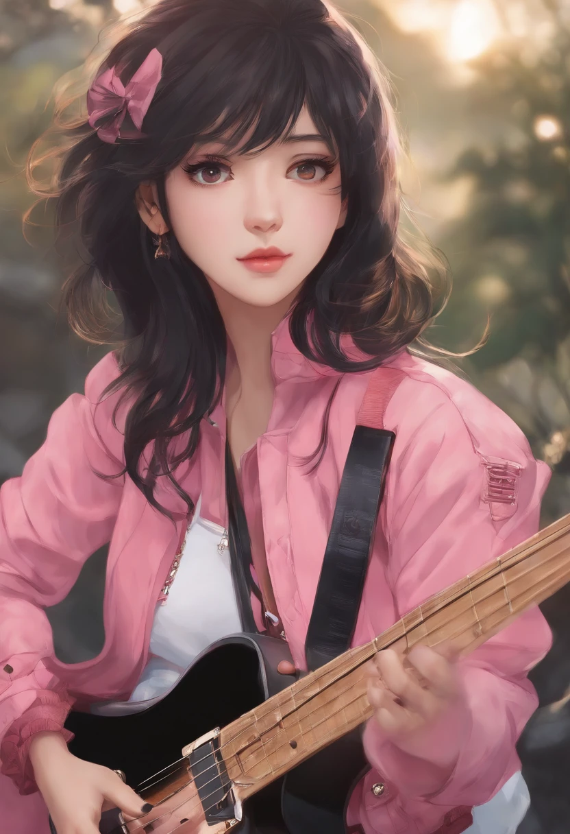 Hitori Gotou Bochi the rock anime, anime style, Japanise Woman, Hairs pink, Jaket Pink, a gitar black, asian, anime
