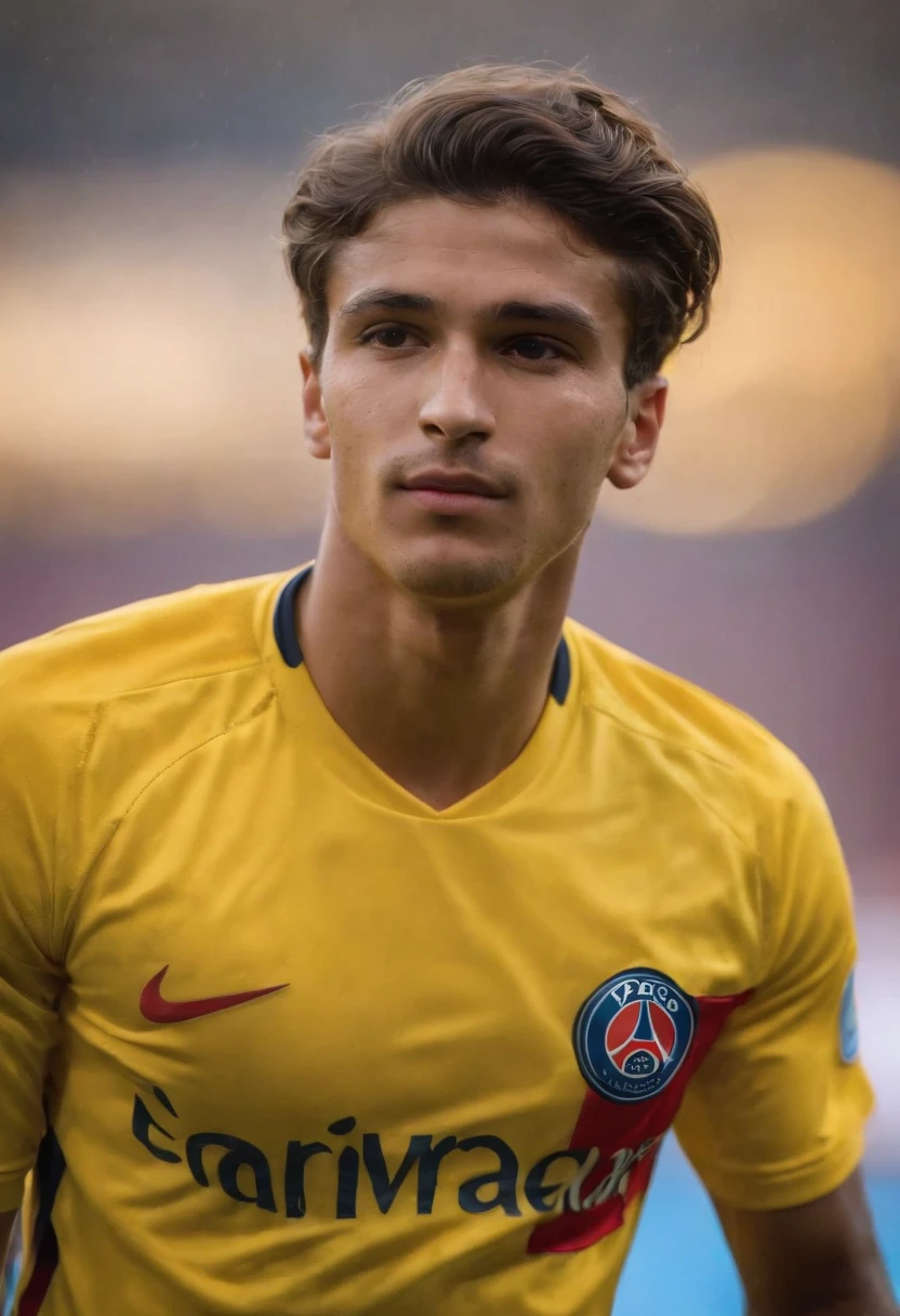 Homem Soccer Player de cabelo amarelo ondulado, 20 anos, in PSG