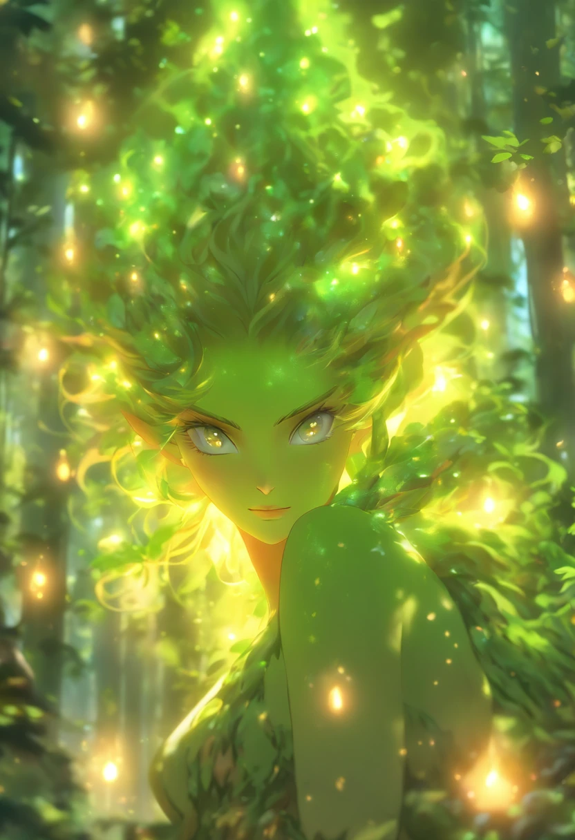 (best quality,4k,8k,highres,masterpiece:1.2),ultra-detailed,(realistic,photorealistic,photo-realistic:1.37),forest,captivating female Dryad creature,enchanted ethereal landscape,lush vegetation,majestic ancient trees,magical sunlight streaming through the branches,soft glowing moss covering the ground,faint transparent wings,delicate flowers blooming around her,fascinating eyes that emit a gentle glow,serene expression,graceful pose,artistic interpretation,subtle color palette,mystical atmosphere,playful and whimsical elements,mesmerizing presence,harmonious blending of the Dryad with her surroundings,immersive fantasy feeling,natural and realistic lighting