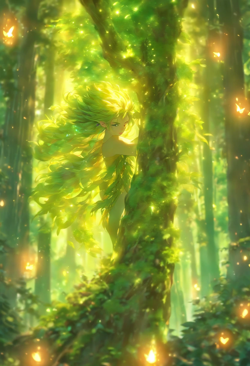 (best quality,4k,8k,highres,masterpiece:1.2),ultra-detailed,(realistic,photorealistic,photo-realistic:1.37),forest,captivating male Dryad, largely muscular creature,enchanted ethereal landscape,lush vegetation,majestic ancient trees, fiery, magical sunlight streaming through the branches,soft glowing moss covering the ground,faint transparent wings,delicate flowers blooming around her,fascinating eyes that emit a gentle glow,serene expression,graceful pose,artistic interpretation,subtle color palette,mystical atmosphere,playful and whimsical elements,mesmerizing presence,harmonious blending of the Dryad with her surroundings,immersive fantasy feeling,natural and realistic lighting