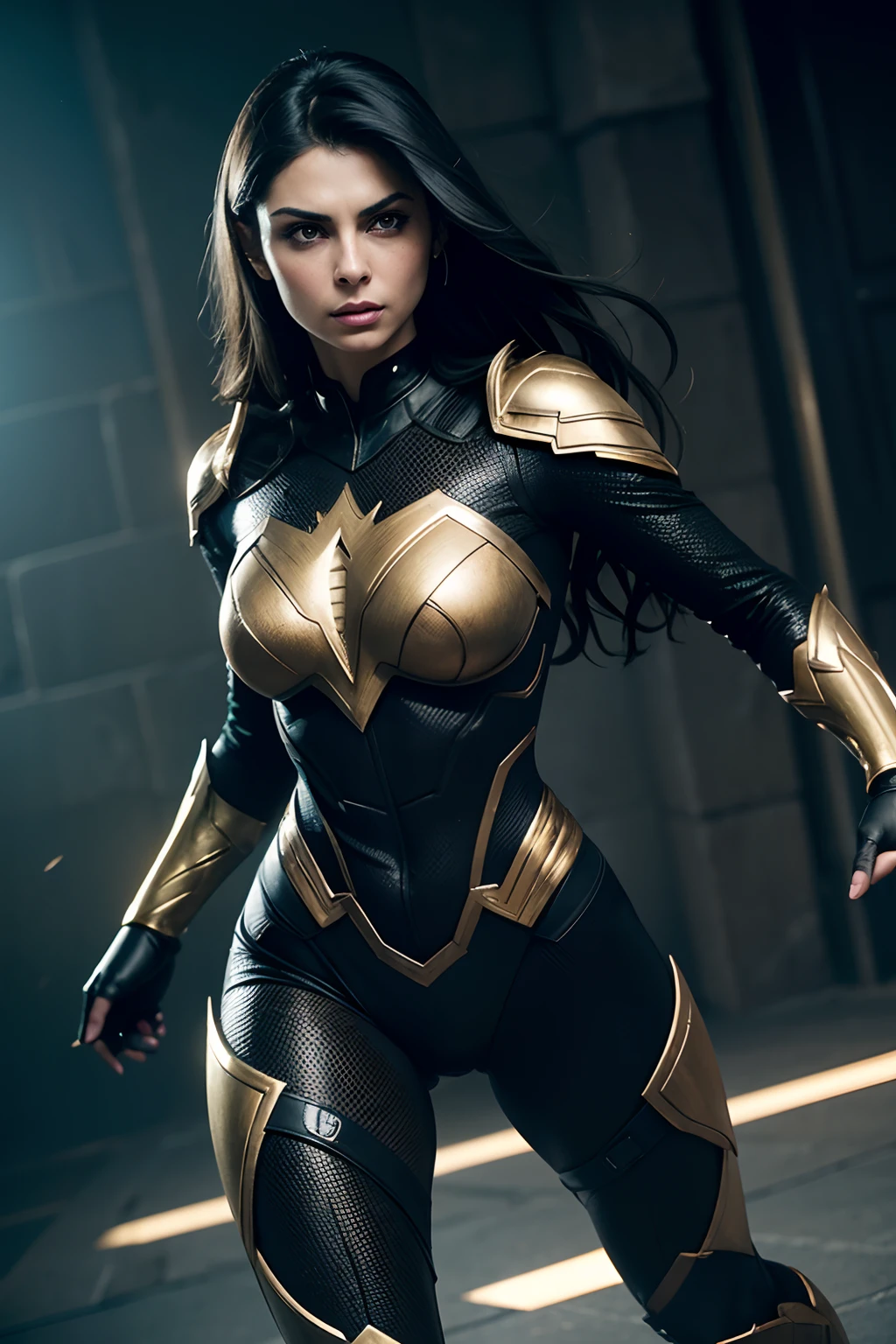 Morena Baccarin as a superhero, wearing sexy black and gold armor,  glowing lights, (superhero pose), (hyper realistic:1.4), (realistic:1.3), (best quality real texture skin), full body, (Cinematic Light), highly detailed skin, skin pores, (highly detailed face:1.1), (highly detailed eyes:1.1), realistic pupils, (perfect anatomy:1.1), (perfect proportions:1.1), (photography:1.1), (photorealistic:1.1), volumetric lighting, dynamic lighting, real shadows, (highres:1.1), sharp focus, daylight, (realistic, hyperrealistic:1.4), intricate, high detail, dramatic, subsurface scattering, big depth of field, vivid, polished, sharpened, ((full Sharp)), (extremely absurdres),8k hdr