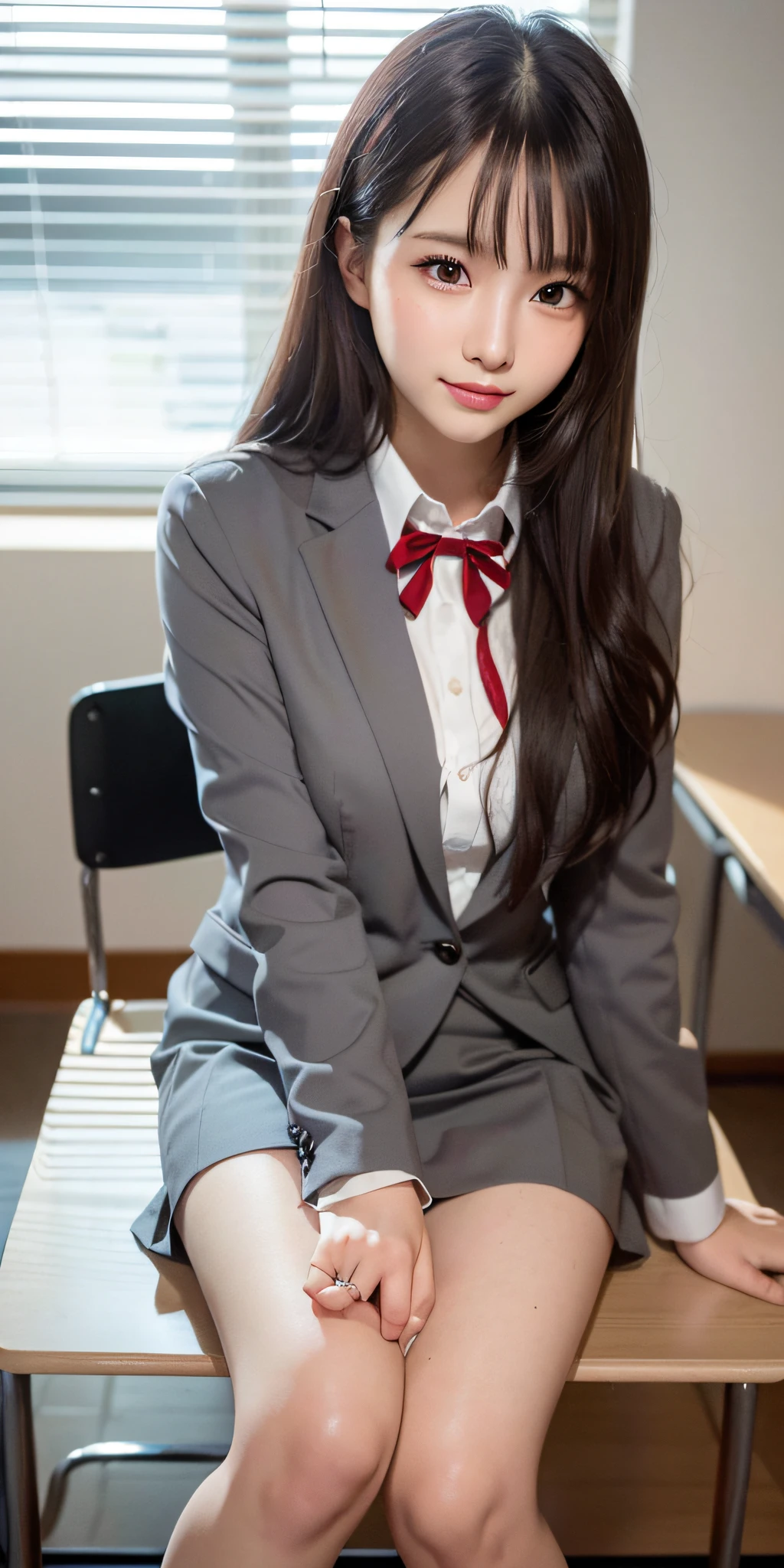 ((8k, RAW photos, top quality, masterpieces), high-definition RAW color photos professional close-up photos, (realistic, photorealism: 1.37), (highest quality), (best shadows), (best illustrations), collarbones ((big)), ((erotic, sexy, ultra high resolution, high-definition CG unified 8K wallpapers, physically based rendering, lighting), (aegyo sal:1), 18 year old girl, (grey blazer, ribbon, socks, high school uniform: 1.2), high school classroom, beautiful detail eyes, light on the face, ((full body shot: 1.2)), especially strong light, (upper eyes, grinning smile:1.2),shiny skin, (((black hair, semi-long hair:1.2))), ( thick thighs), ulzzang-6500-v1.1:0.2, shy, (flash:1.2), NSFW , (puffy), ((seductive posture: 1.2, attractive: 1.2)), (idle), (sitting at a desk in classroom: 1.2)), ((good anatomy: 1.2)), ((bright and refreshing classroom, background blurred: 1.2)), perfect face, cute face, (high angle shot:1.2)