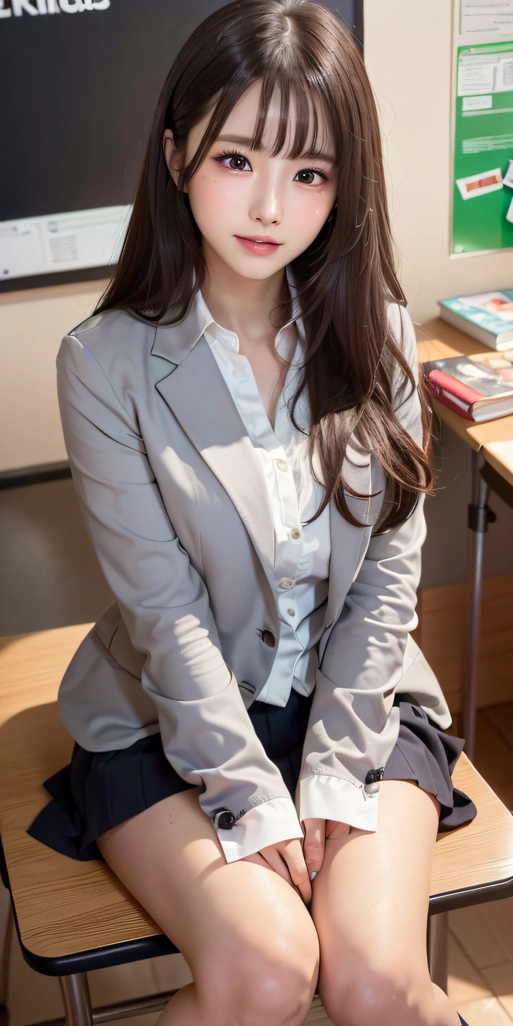 ((8k, RAW photos, top quality, masterpieces), high-definition RAW color photos professional close-up photos, (realistic, photorealism: 1.37), (highest quality), (best shadows), (best illustrations), collarbones ((big)), ((erotic, sexy, ultra high resolution, high-definition CG unified 8K wallpapers, physically based rendering, lighting), (aegyo sal:1), 18 year old girl, (grey blazer, ribbon, socks, high school uniform: 1.2), high school classroom, beautiful detail eyes, light on the face, ((full body shot: 1.2)), especially strong light, (upper eyes, grinning smile:1.2),shiny skin, (((black hair, semi-long hair:1.2))), ( thick thighs), ulzzang-6500-v1.1:0.2, shy, (flash:1.2), NSFW , (puffy), ((seductive posture: 1.2, attractive: 1.2)), (idle), (sitting at a desk in classroom: 1.2)), ((good anatomy: 1.2)), ((bright and refreshing classroom, background blurred: 1.2)), perfect face, cute face, (high angle shot:1.2)