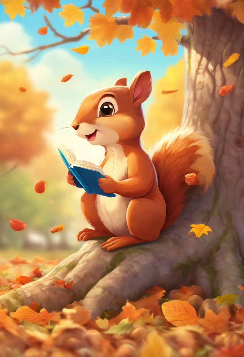 (8K, 16 K, awardwinning, of the highest quality, High resolution, super detailed, Textured skin, Anatomically correct, Photorealistic, Raw photo, masutepiece: 1.3), (1 girl), (Girl dozing off sitting on the ground under a big tree: 1.3), Aerial view from above, open book, There are acorns on top of the book, (Squirrel stealing acorns: 1.2), Trees with autumn leaves々, idyllic scenery, Soothing, Autumn, leaves falling, Leaning against a tree、Hand details、finger detailed、A detailed face