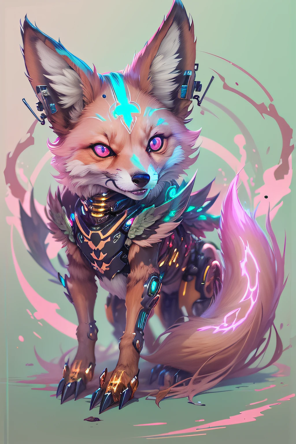 a pink glowing fox with a metalic cyborg android looking fox skull as a face with metal claws bleu glowing wings floathing around his back