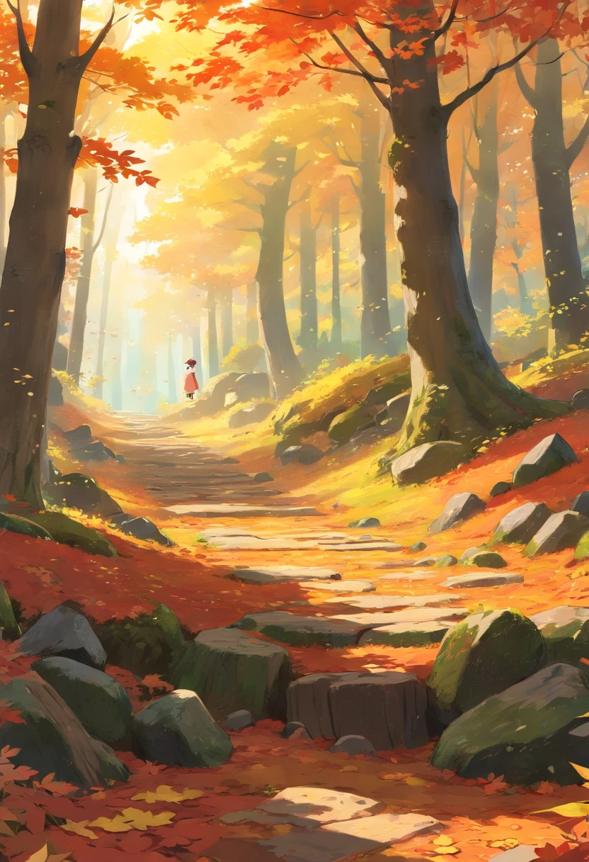 best quality,ultra-detailed,realistic,landscape,autumn,beautiful warm colors,sunlight streaming through trees,vibrant foliage,tranquil atmosphere,crisp air,subtle mist,fallen leaves covering the ground,rays of sunlight peeking through the canopy,dappled light,quiet stillness,sturdy tree trunk,majestic branches reaching towards the sky,cascading leaves gently floating in the air,delicate autumn leaf dancing in the wind,rich texture of tree bark,lovely shades of orange,red,and yellow,colorful leaves carpeting the forest floor,whispering sound of rustling leaves,moss-covered rocks and fallen logs,golden hour lighting,peaceful and serene ambience.